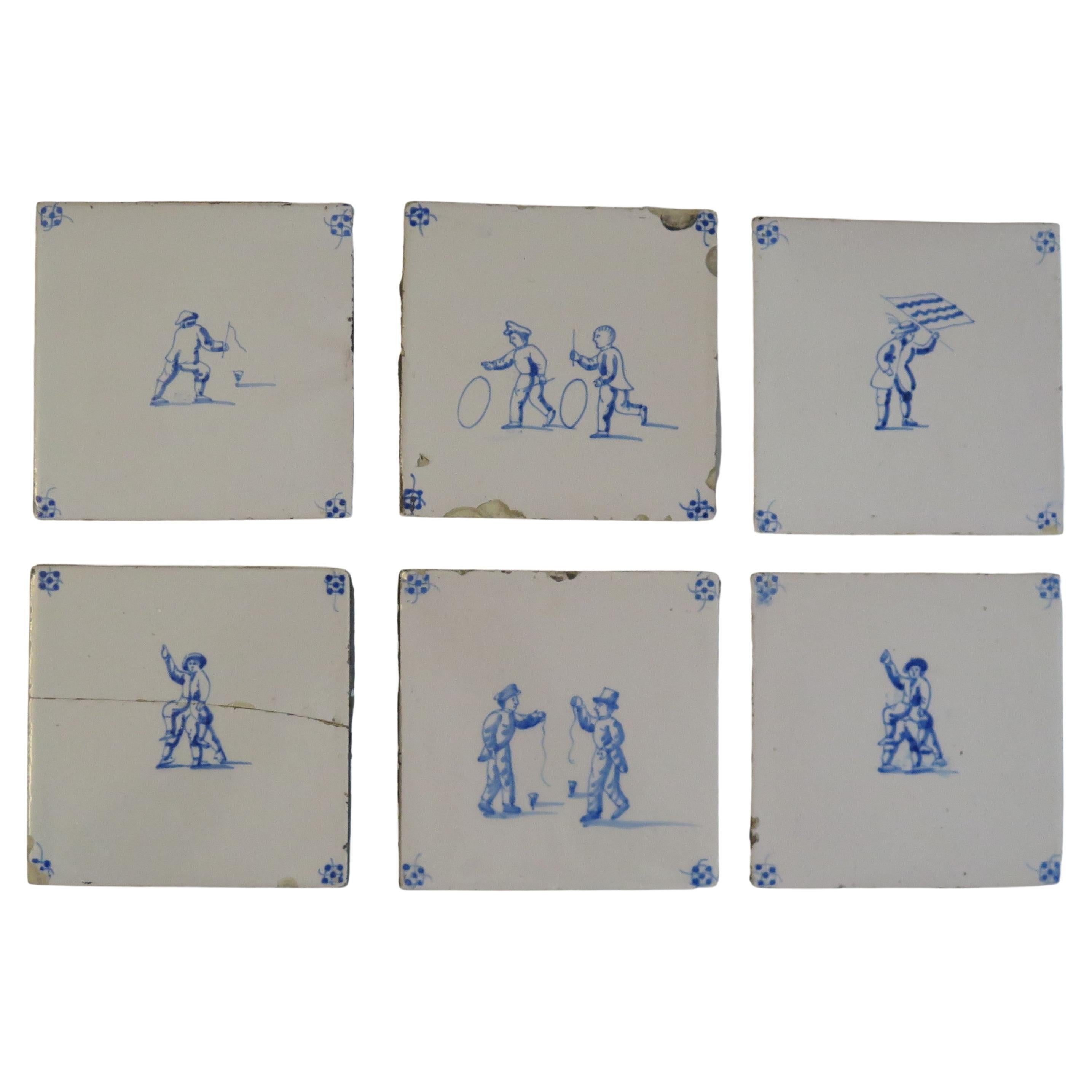 Six Delft Blue and White Tiles All Hand Painted, Dutch, 19th Century