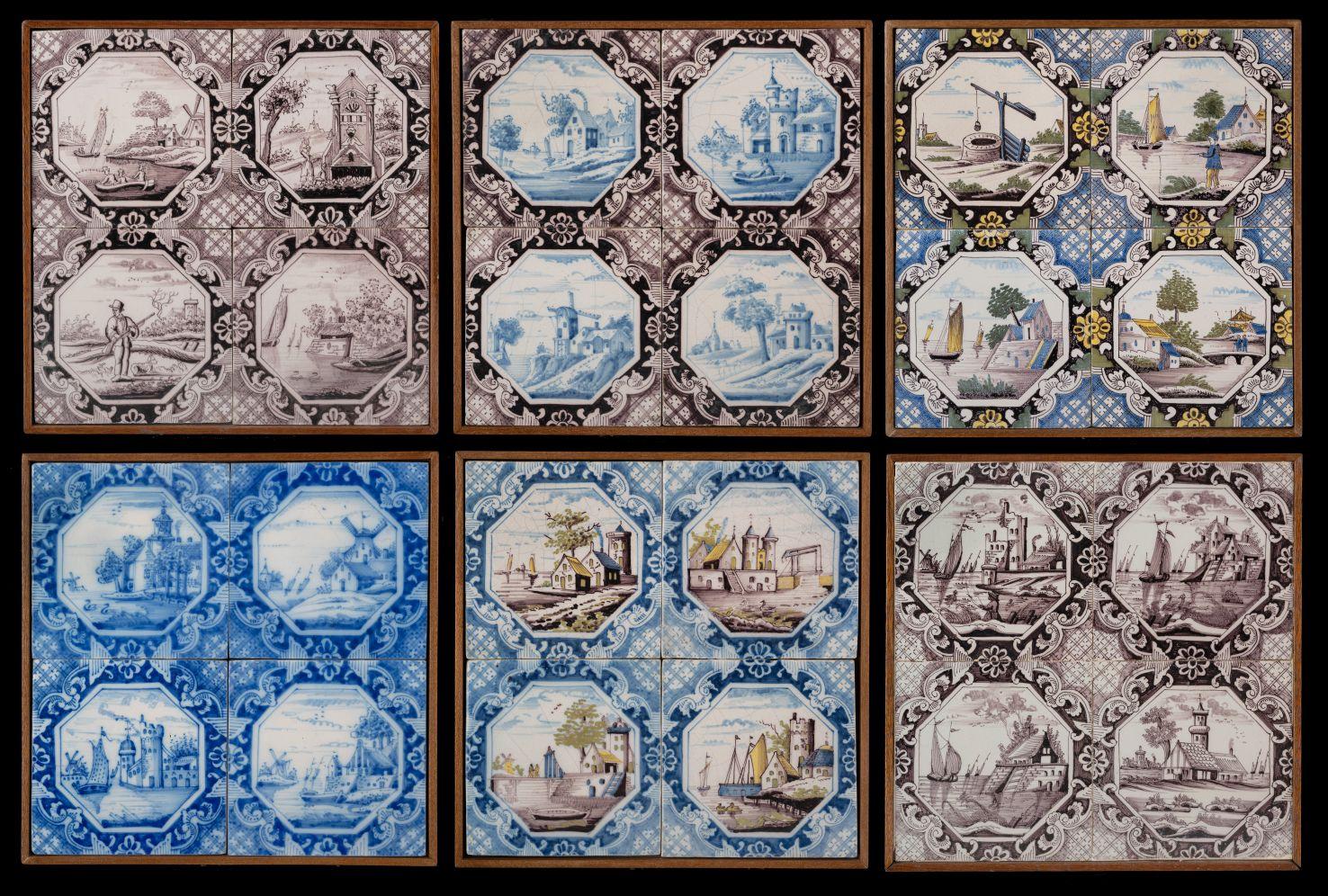 Six tile panels of four landscape tiles each. All landscapes are framed in an octagon in an ornamental border of trellis diaper work and ornaments. By using different colours and colour combinations a great decorative variety can be achieved. All