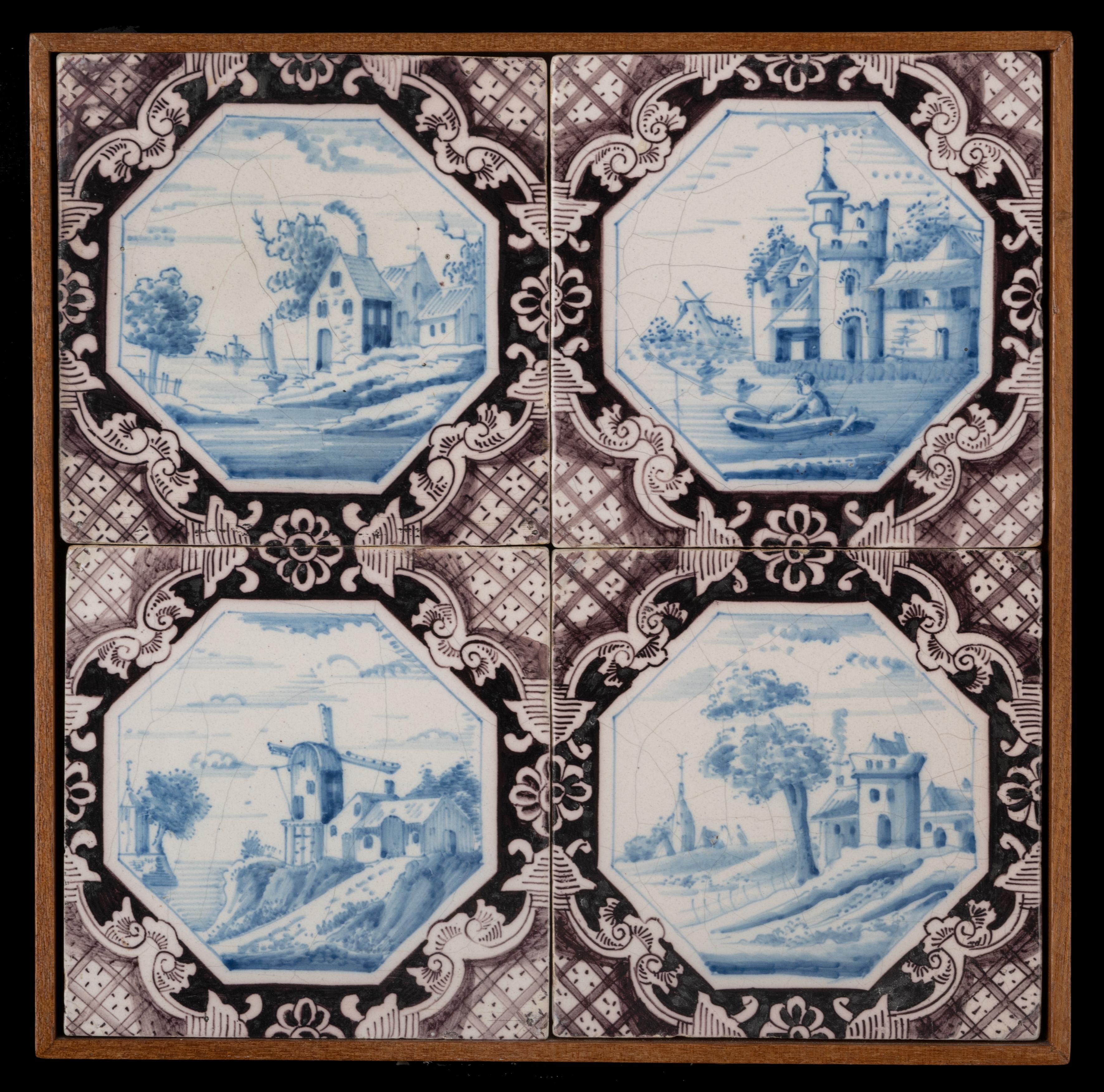 Hand-Painted Six Delft Tile Panels of Four Landscape Tiles Each, Total of 24 Tiles