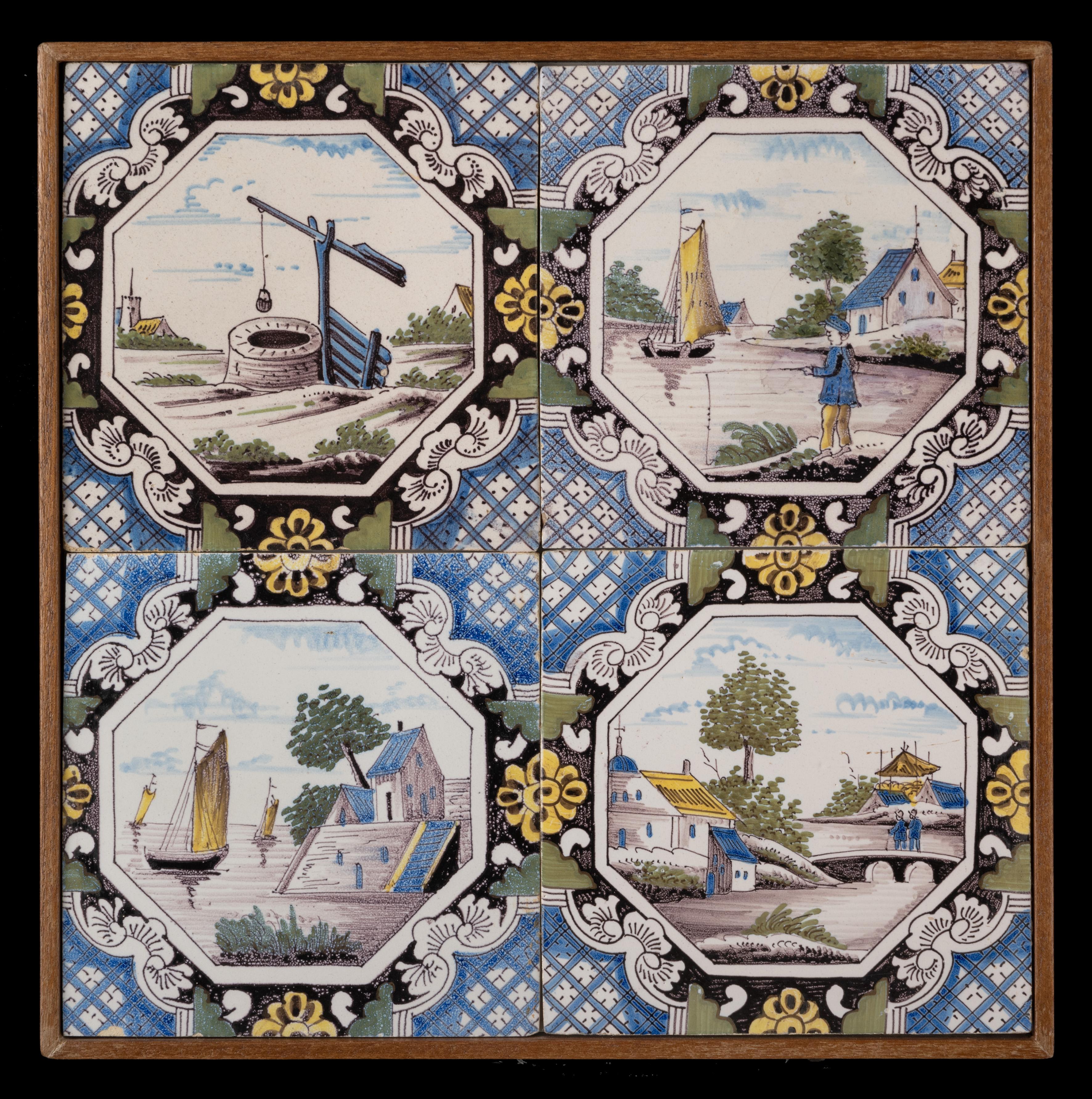 19th Century Six Delft Tile Panels of Four Landscape Tiles Each, Total of 24 Tiles