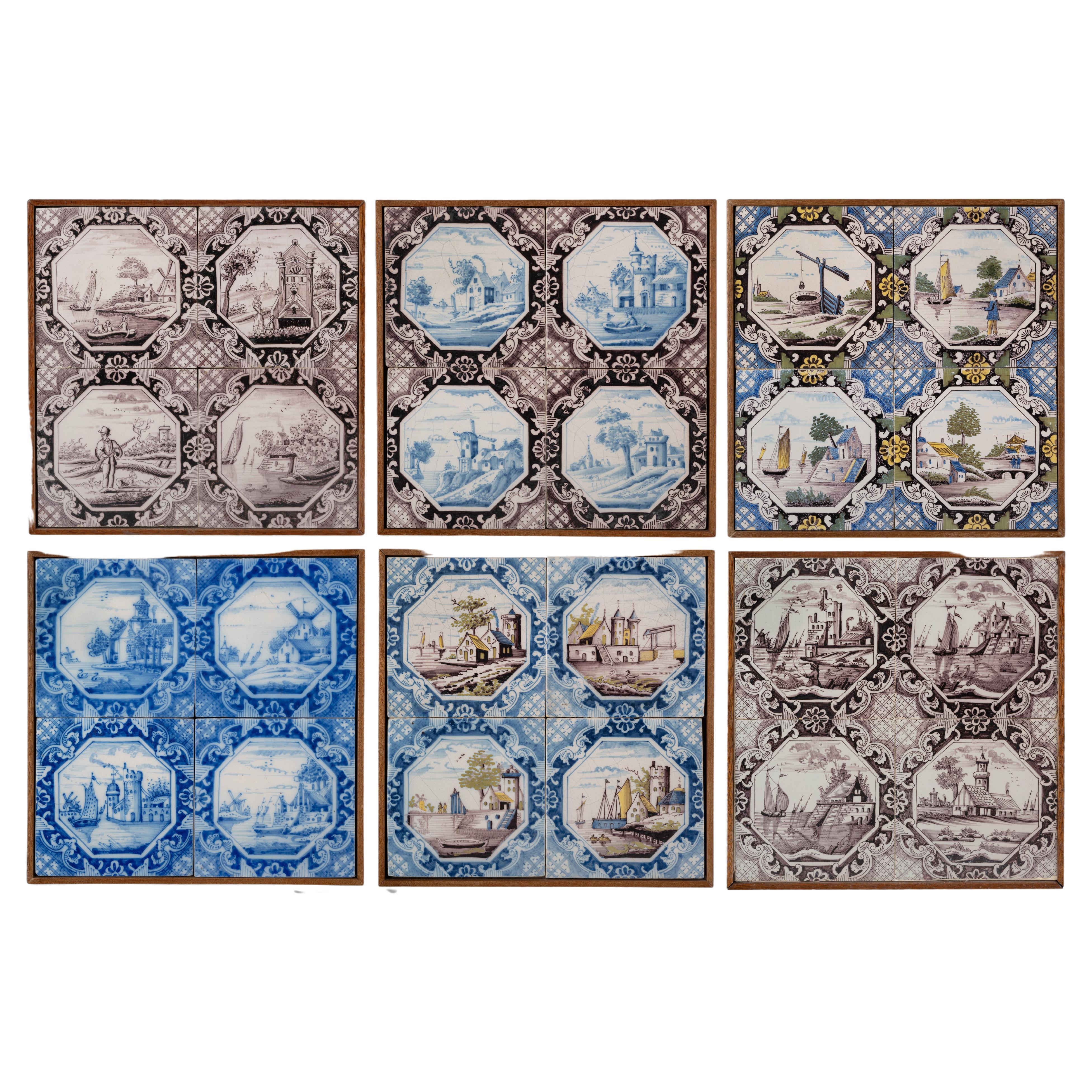 Six Delft Tile Panels of Four Landscape Tiles Each, Total of 24 Tiles