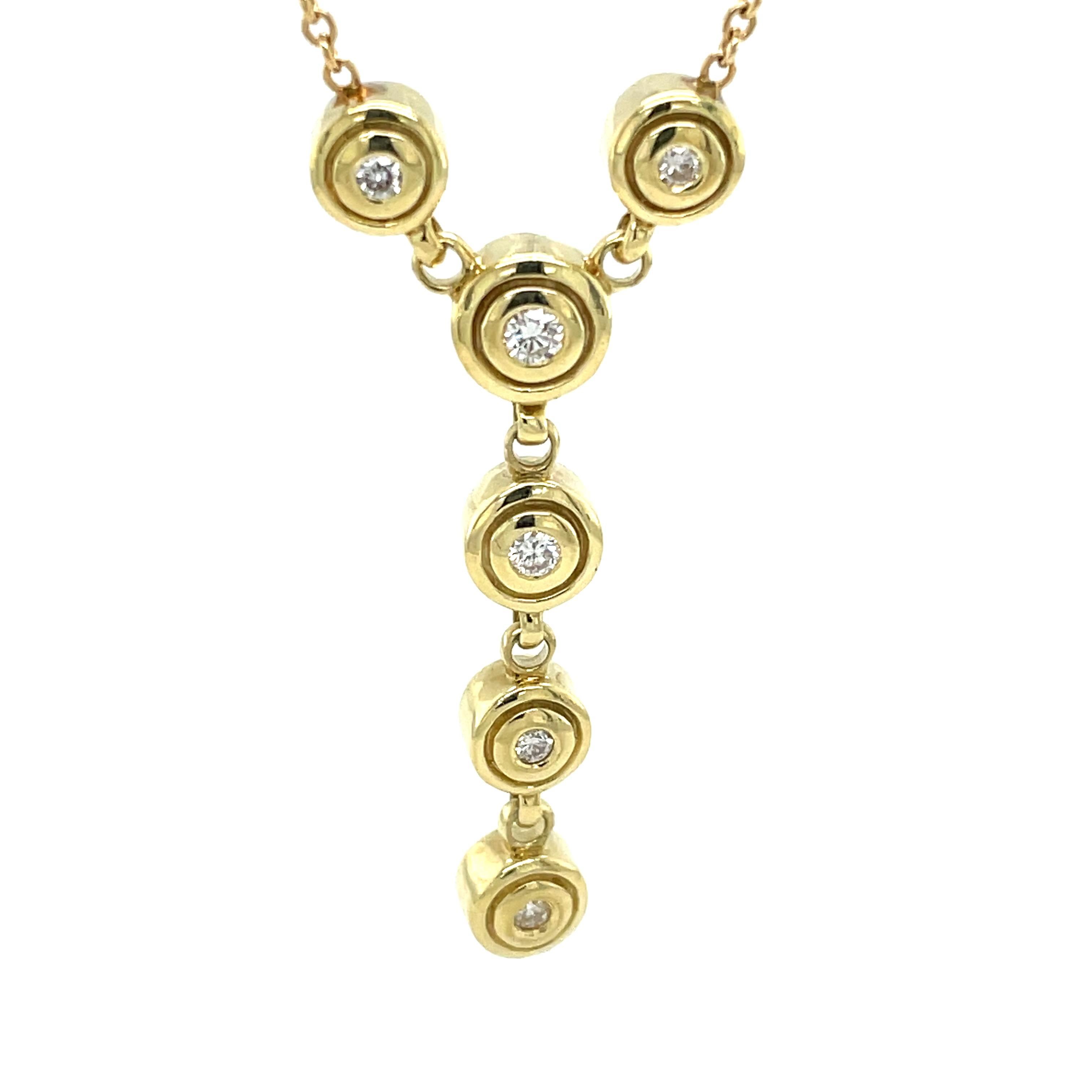 Round Cut Six Diamond 14 Karat Yellow Gold Drop Pendant Necklace For Sale