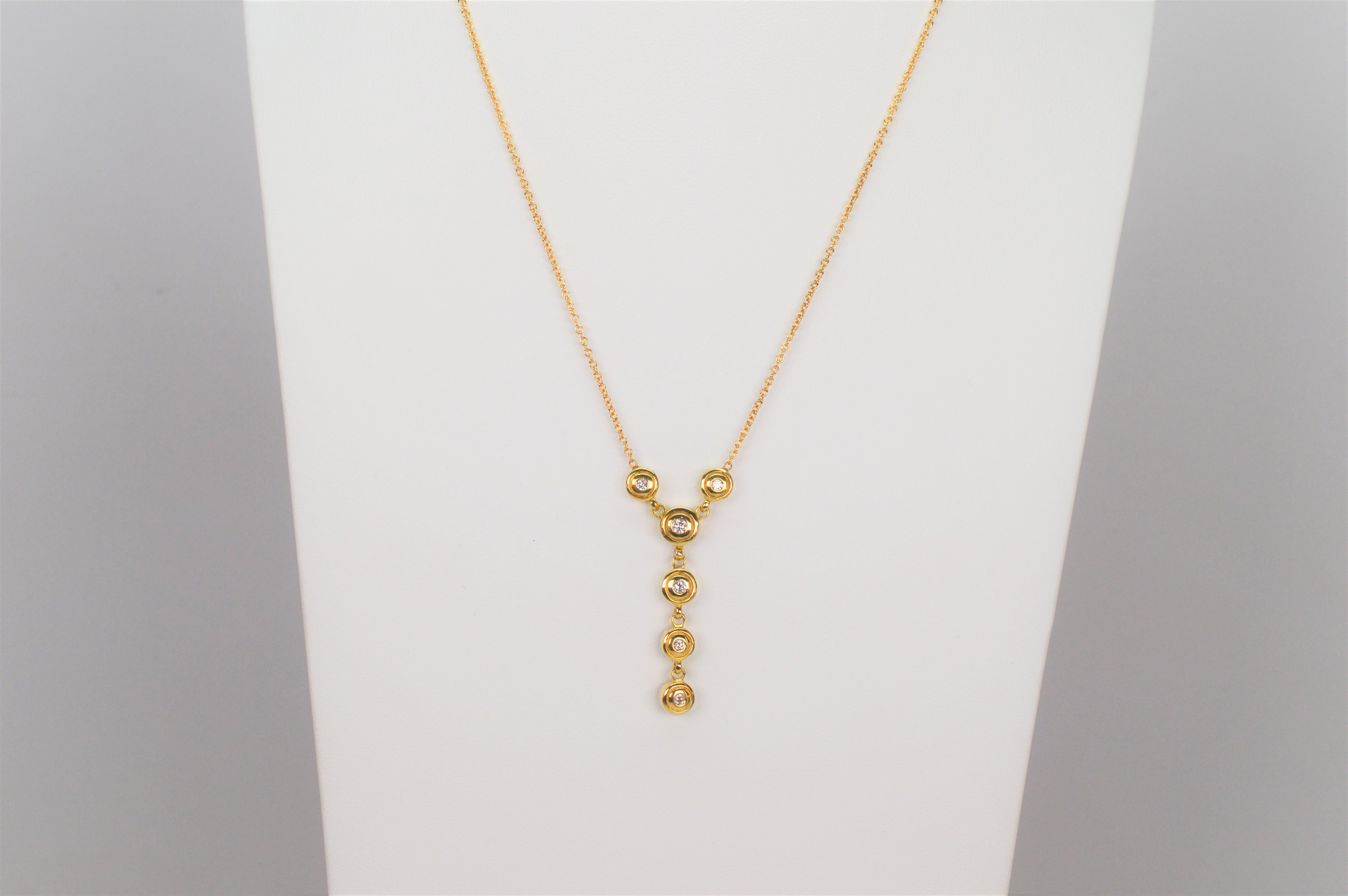 Six Diamond 14 Karat Yellow Gold Drop Pendant Necklace In Excellent Condition For Sale In Mount Kisco, NY