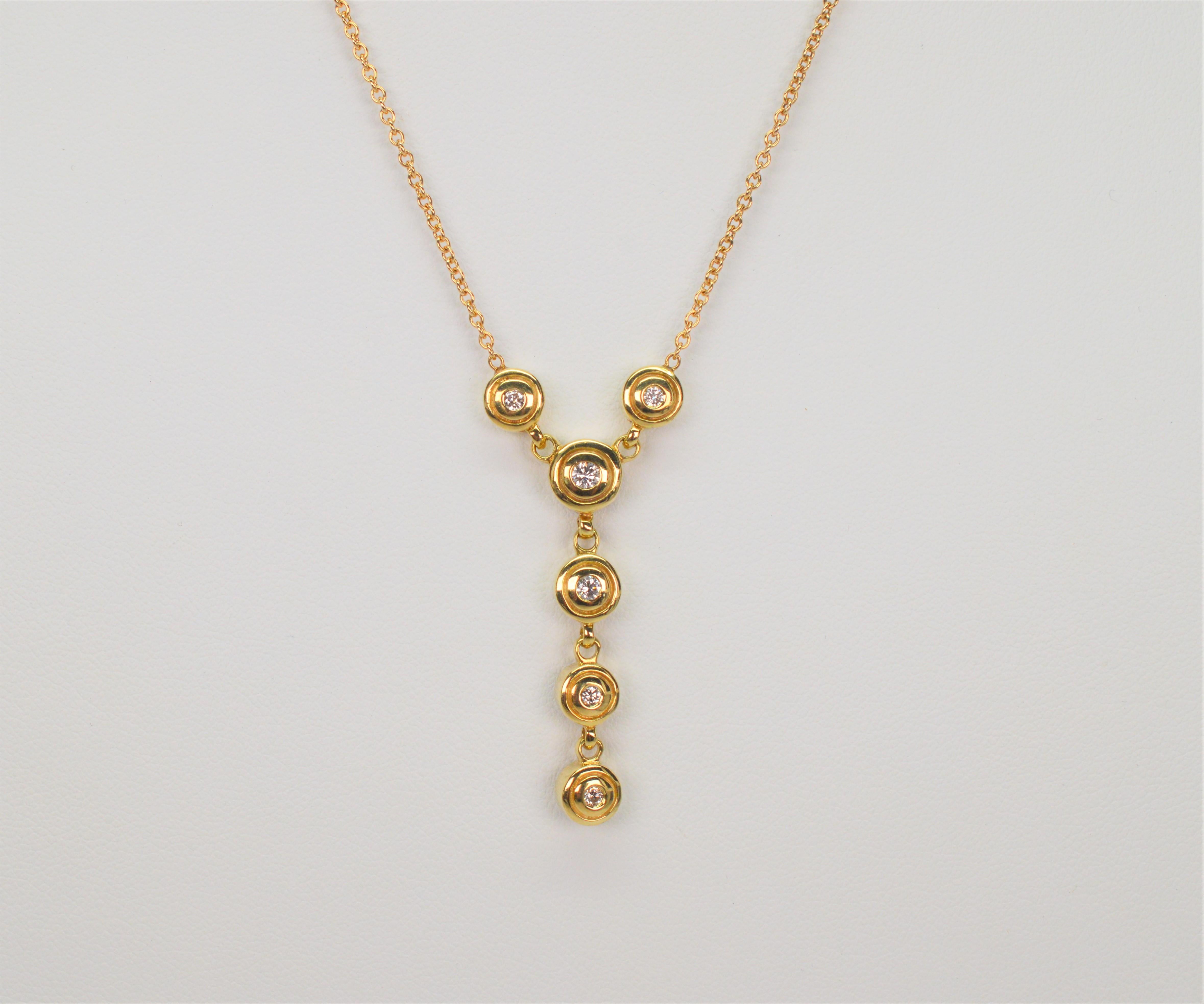 Women's Six Diamond 14 Karat Yellow Gold Drop Pendant Necklace For Sale