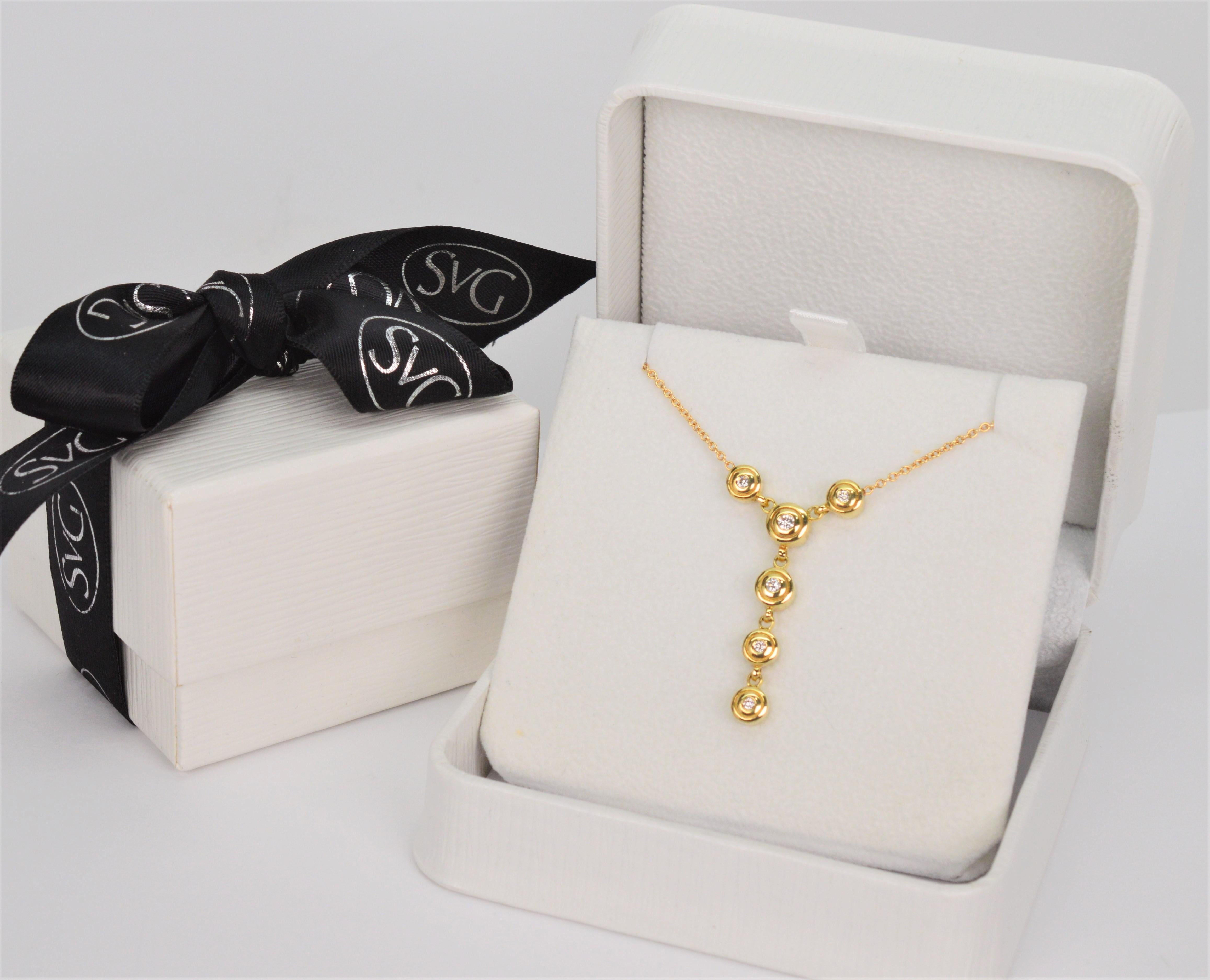 Six Diamond 14 Karat Yellow Gold Drop Pendant Necklace For Sale 1