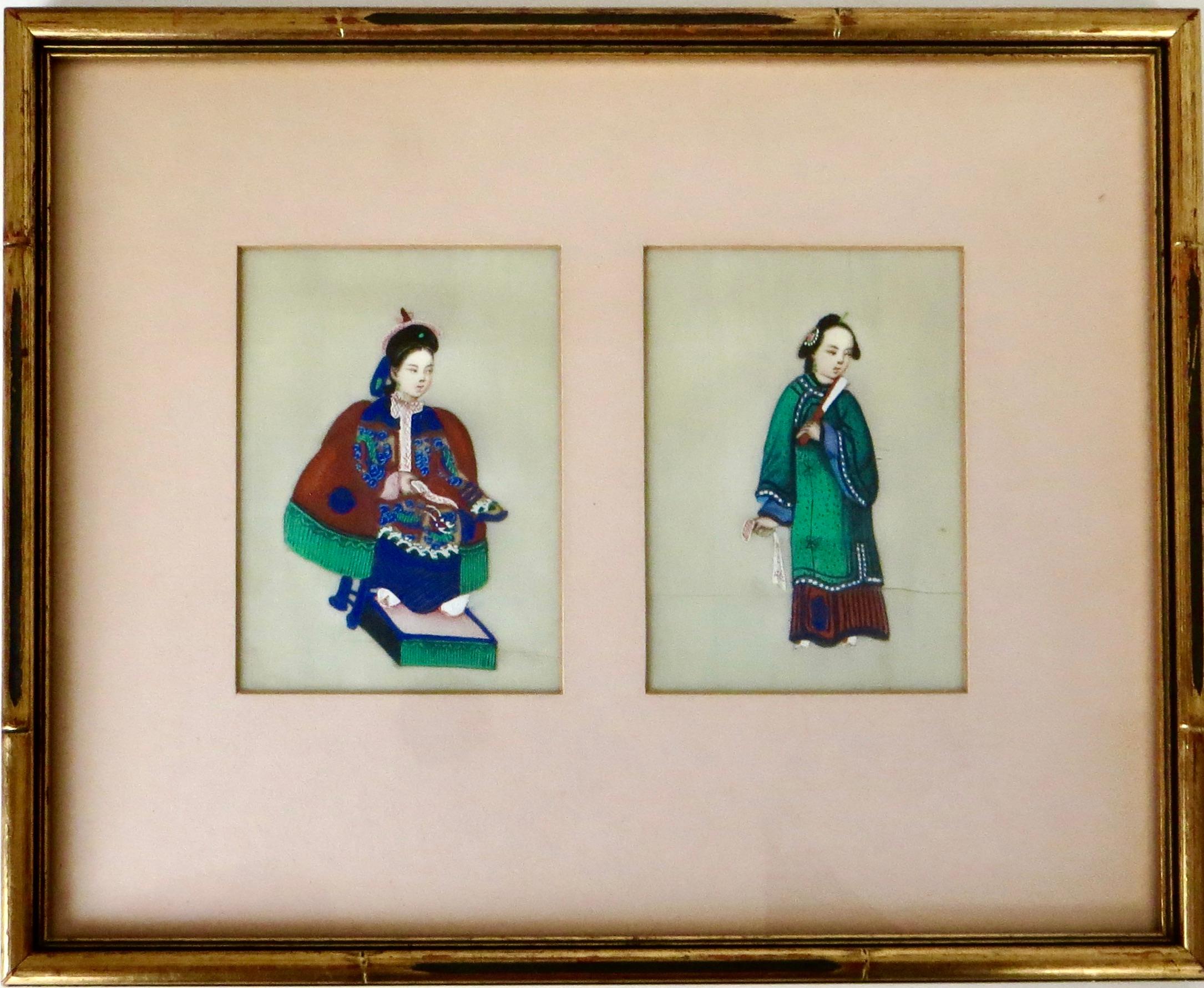 Six petits objets du 19e siècle. Peintures à la moelle chinoises Qing montées dans (3) cadres assortis en vente 4