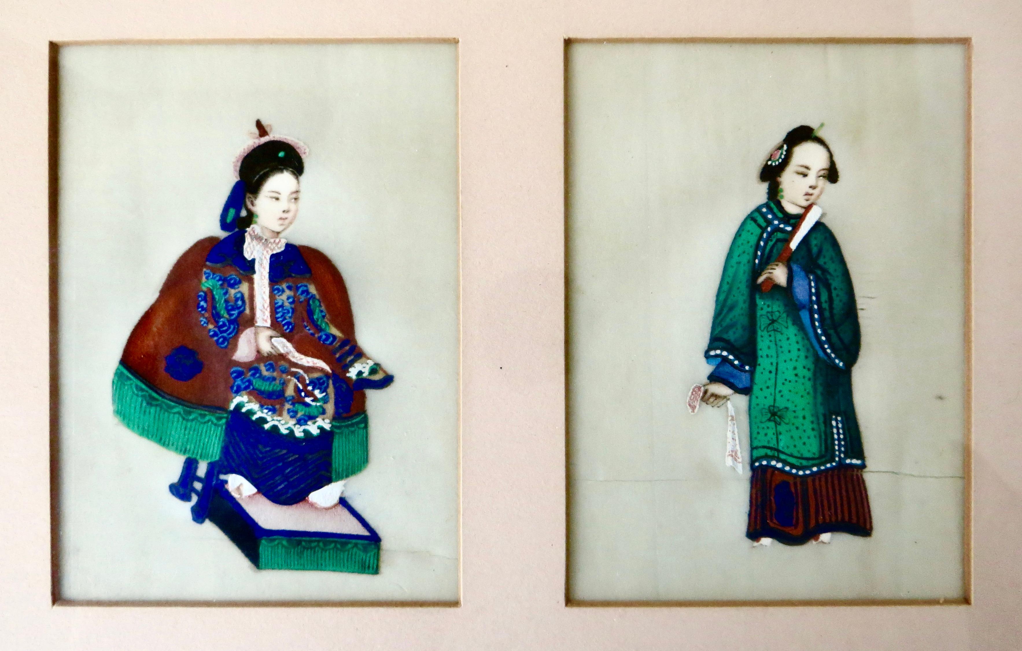 Six petits objets du 19e siècle. Peintures à la moelle chinoises Qing montées dans (3) cadres assortis en vente 5