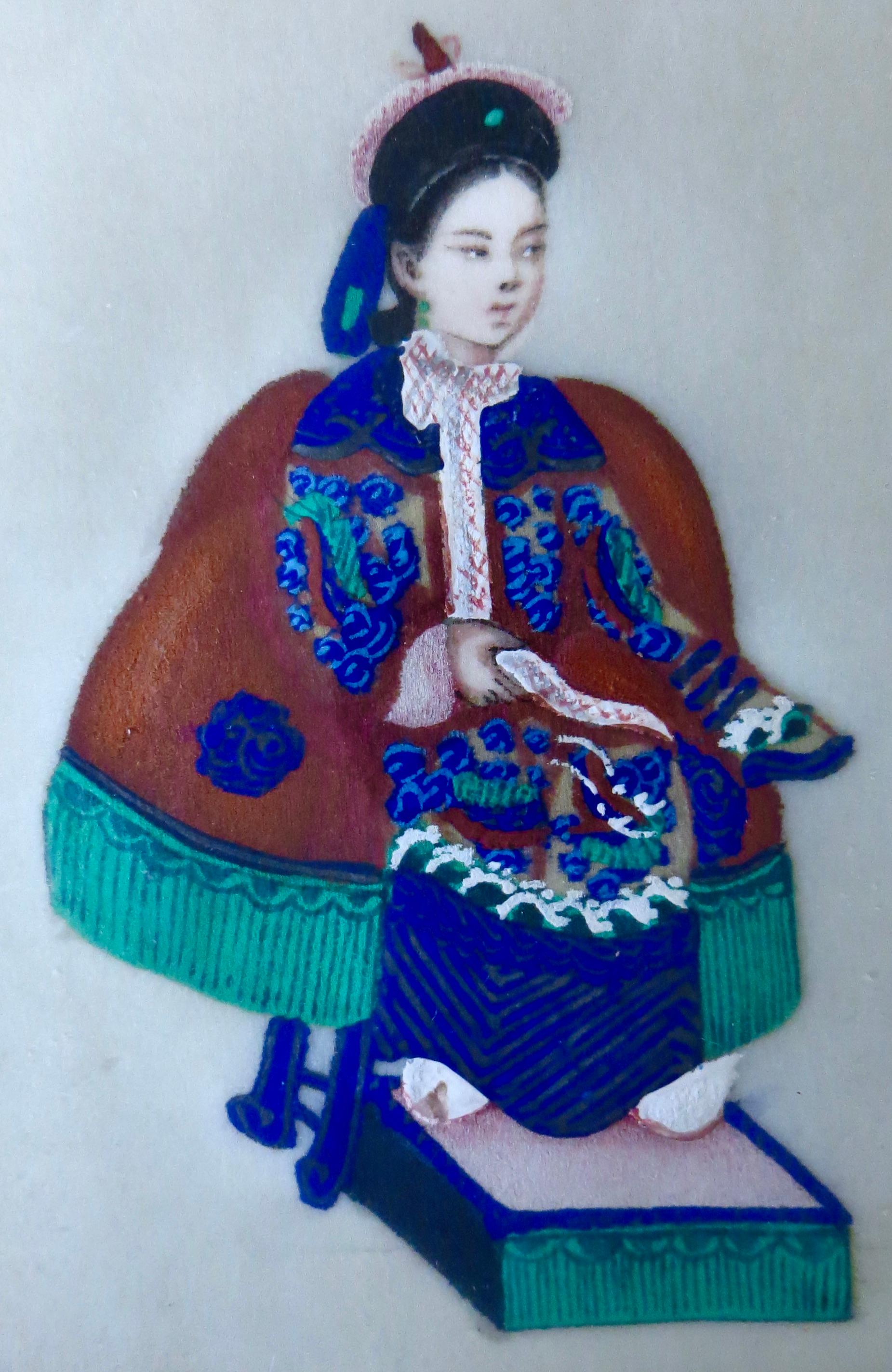 Six petits objets du 19e siècle. Peintures à la moelle chinoises Qing montées dans (3) cadres assortis en vente 6