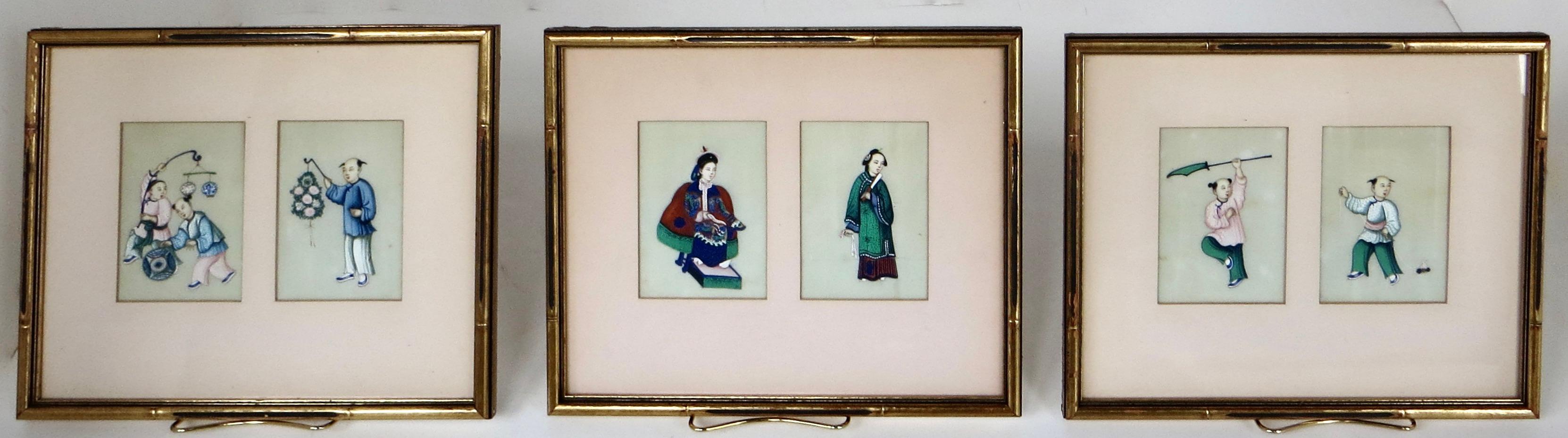 Six petits objets du 19e siècle. Peintures à la moelle chinoises Qing montées dans (3) cadres assortis en vente 9