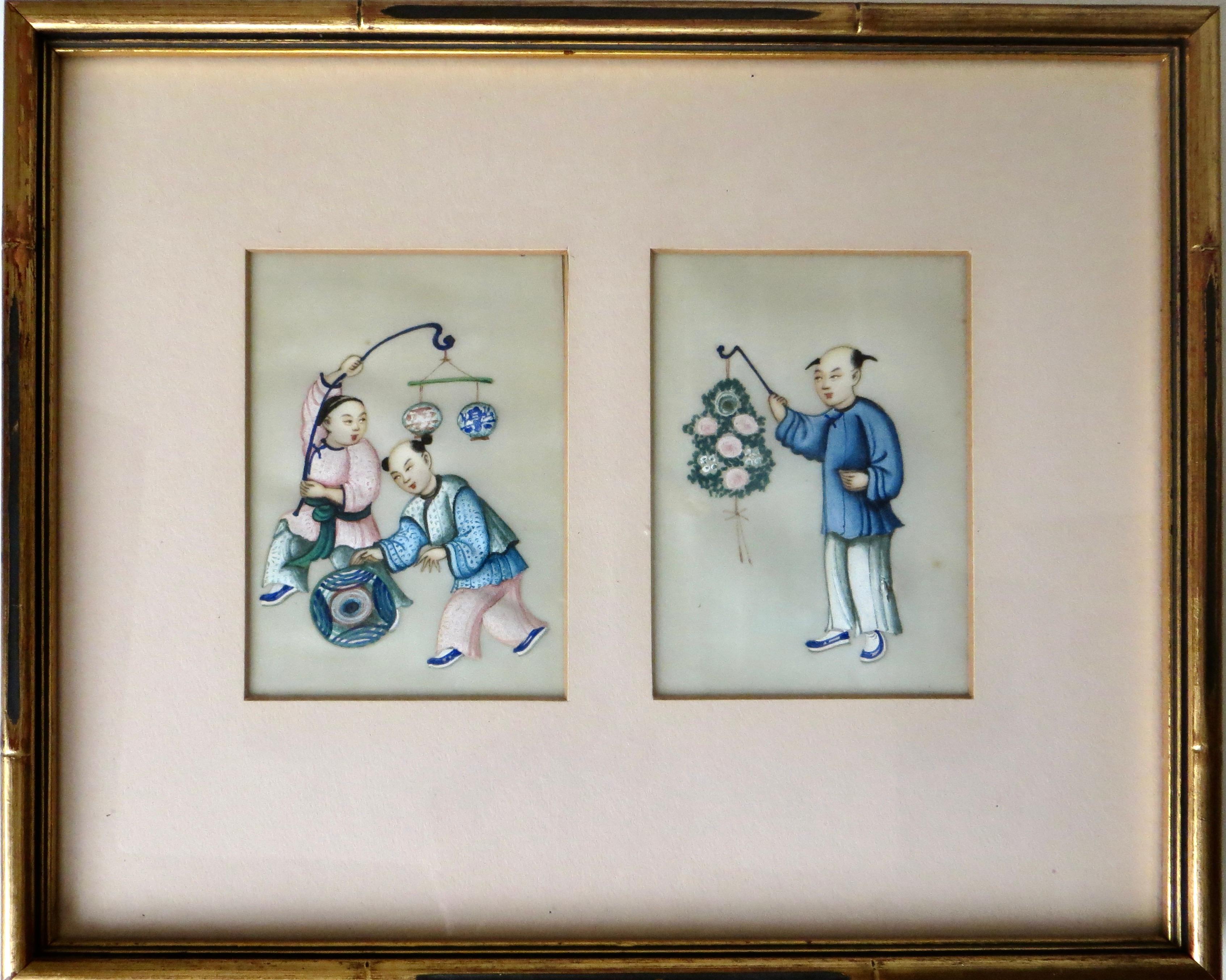 Ensemble difficile à trouver de six petites peintures à l'aquarelle peintes à la main au milieu du 19e siècle de la dynastie Qing ; préparées pour le commerce touristique ; décrivant les mœurs et les coutumes du peuple chinois ; ces six images