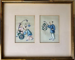 Six Diminutive 19thC. Qing Chinese Pith Paintings Mounted in (3) Matching Frames