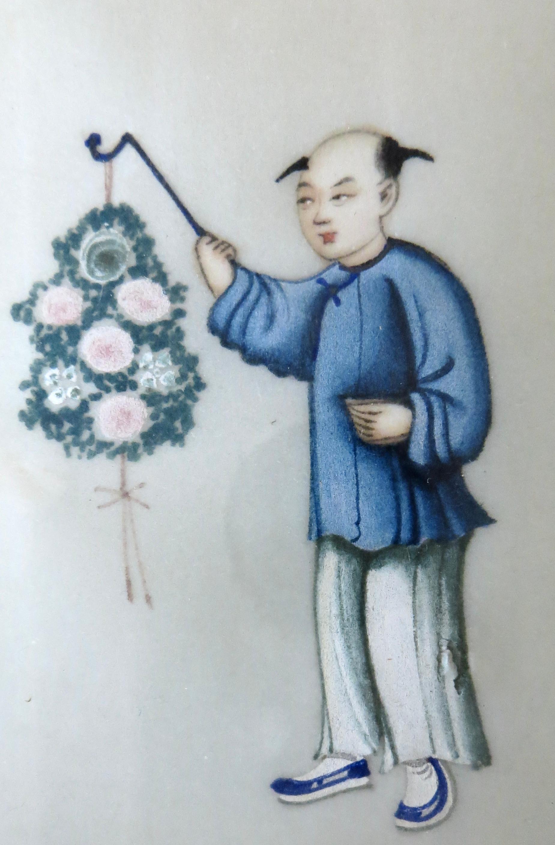 Six petits objets du 19e siècle. Peintures à la moelle chinoises Qing montées dans (3) cadres assortis Bon état - En vente à Incline Village, NV