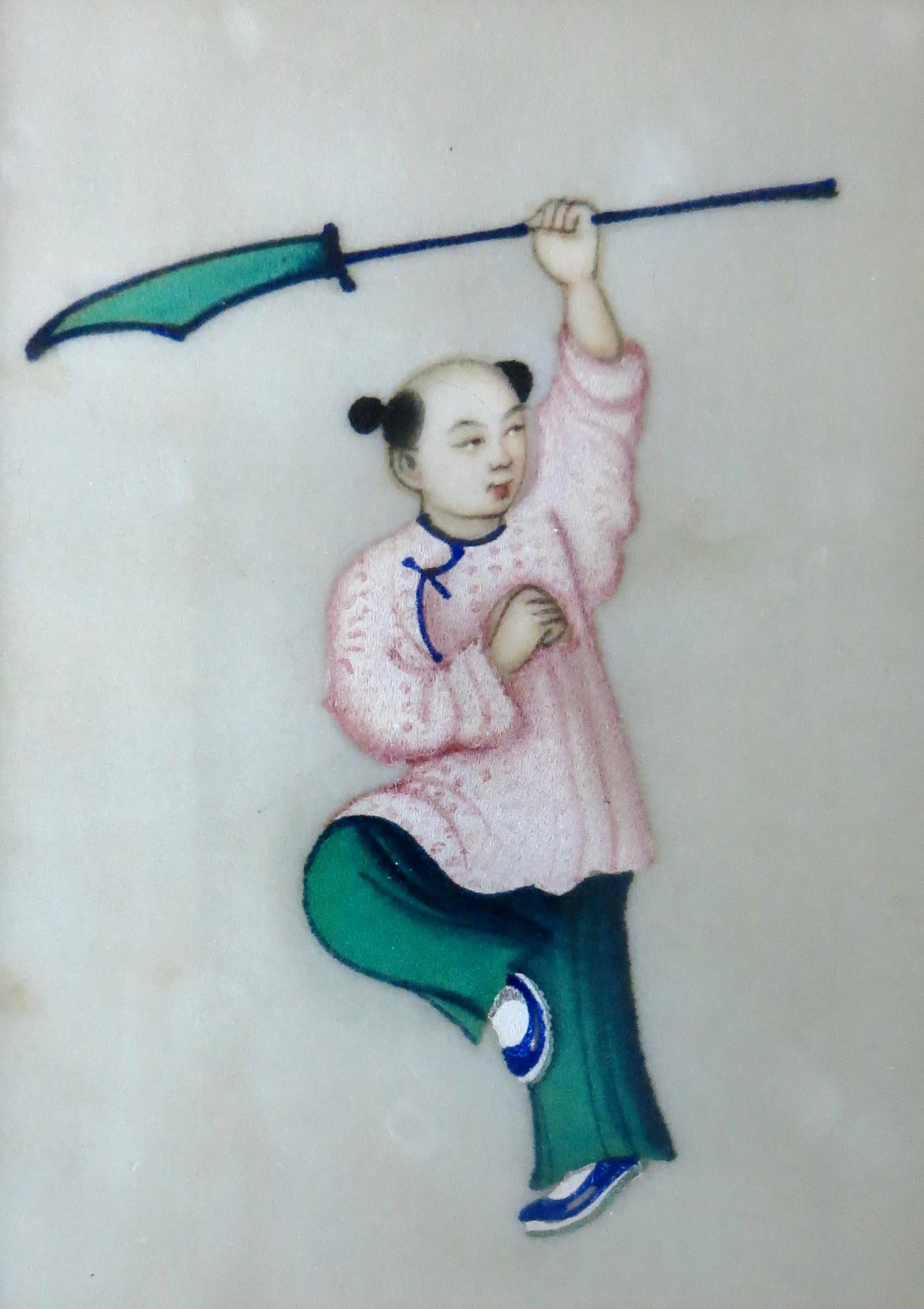 Six petits objets du 19e siècle. Peintures à la moelle chinoises Qing montées dans (3) cadres assortis en vente 1