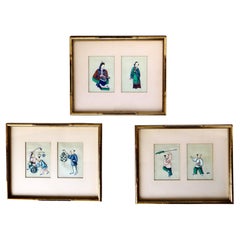 Antique Six Diminutive 19thC. Qing Chinese Pith Paintings Mounted in (3) Matching Frames