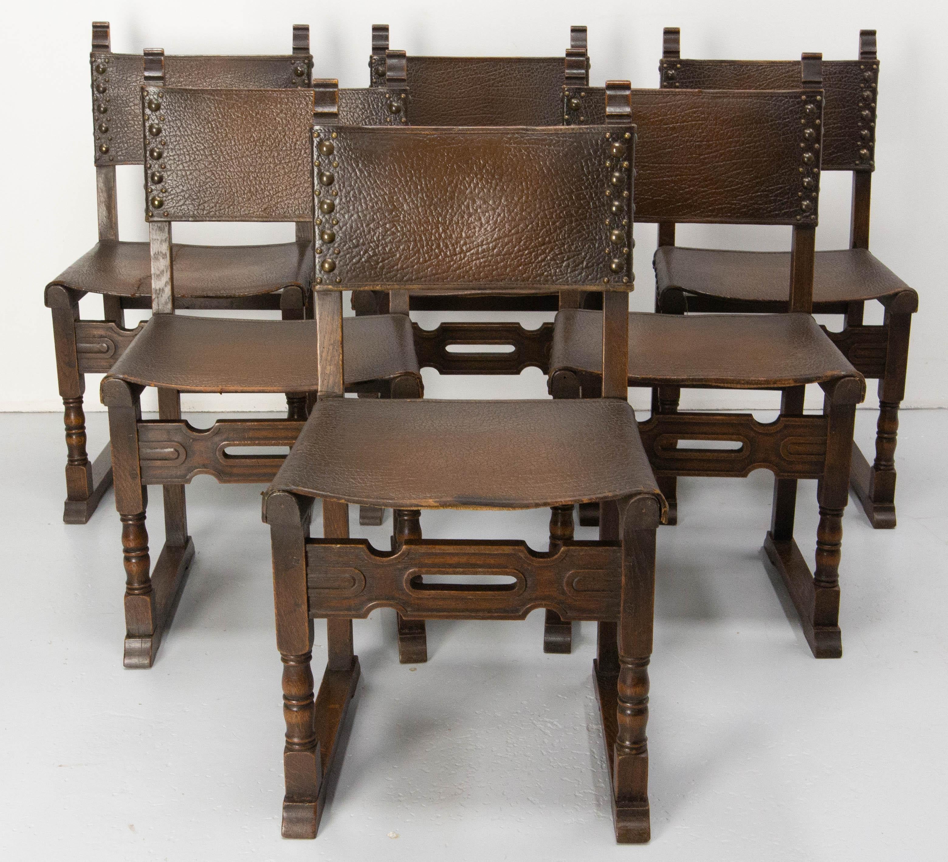 Colonial Revival Six Dining Chairs Antique Mid-20th Century Spanish Studs Leather & Chestnut