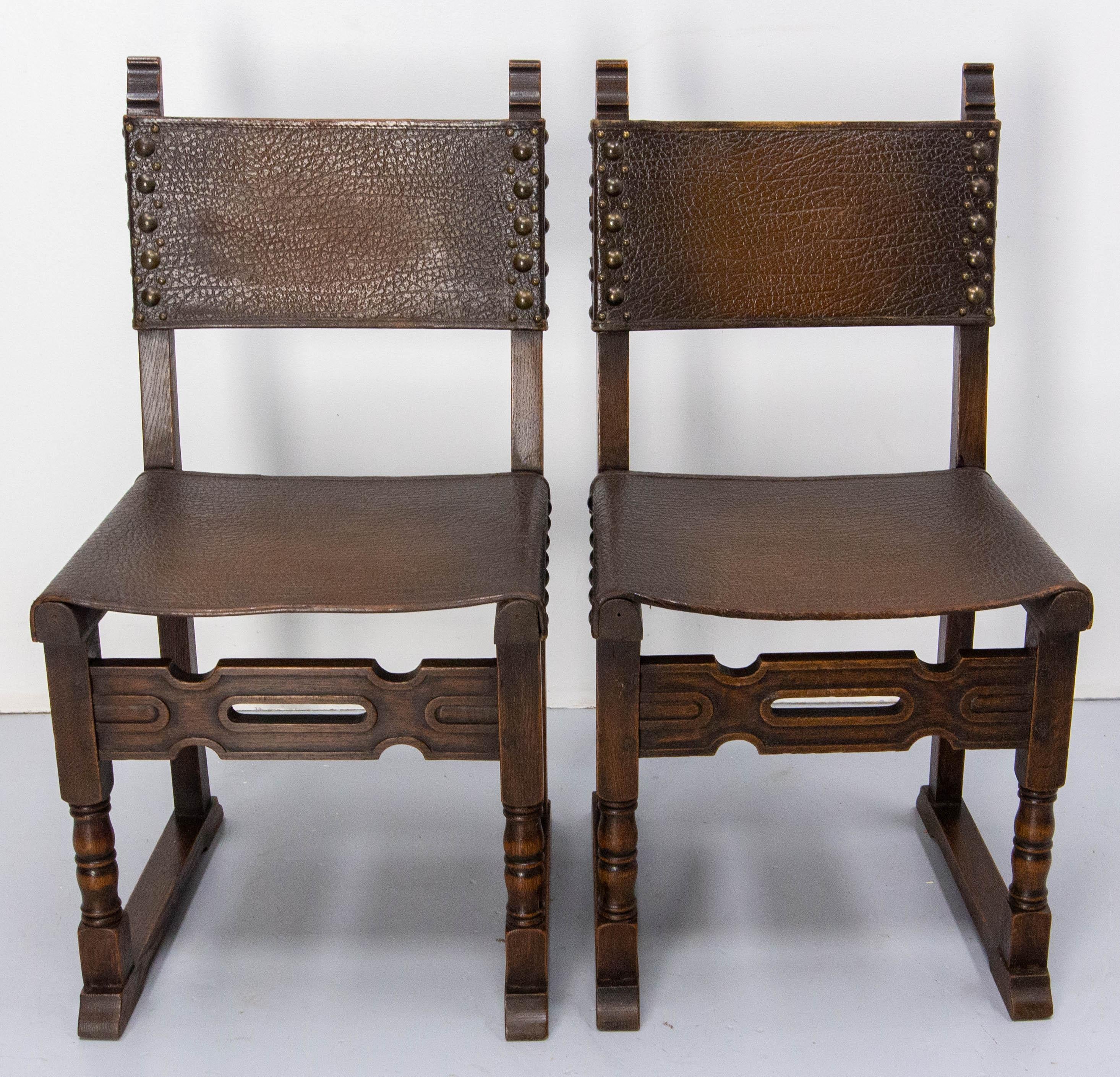 Six Dining Chairs Antique Mid-20th Century Spanish Studs Leather & Chestnut 1
