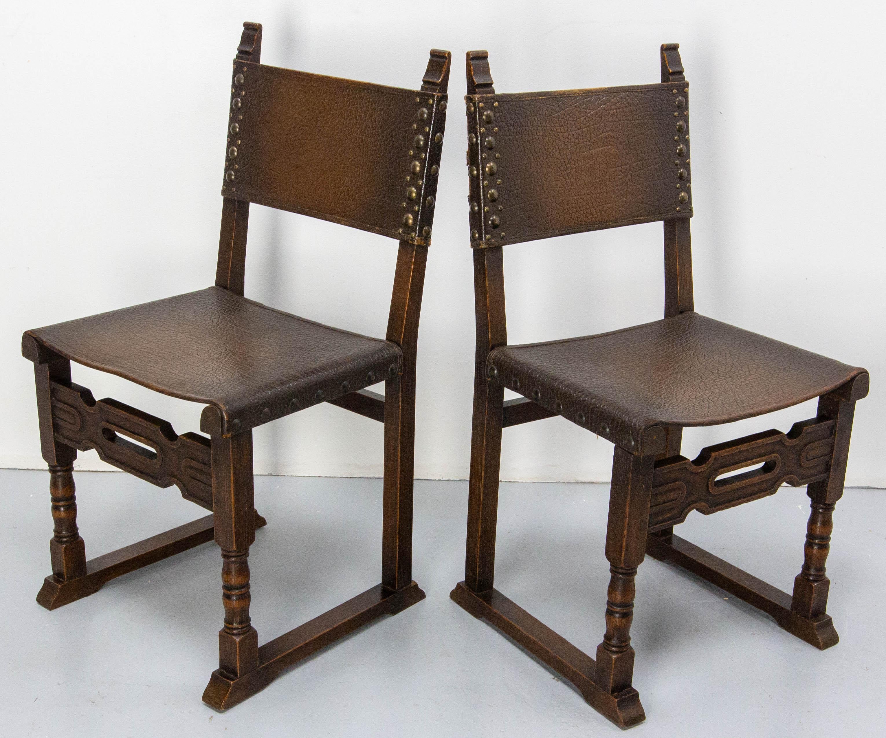 Six Dining Chairs Antique Mid-20th Century Spanish Studs Leather & Chestnut 2