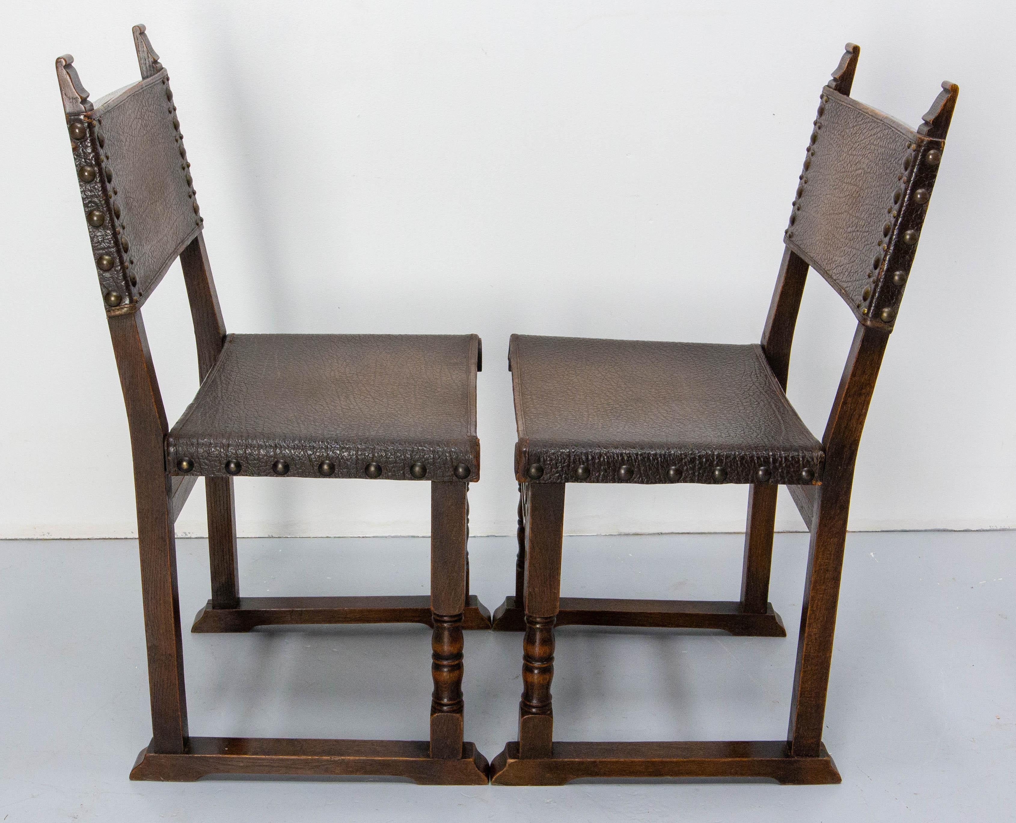 Six Dining Chairs Antique Mid-20th Century Spanish Studs Leather & Chestnut 4
