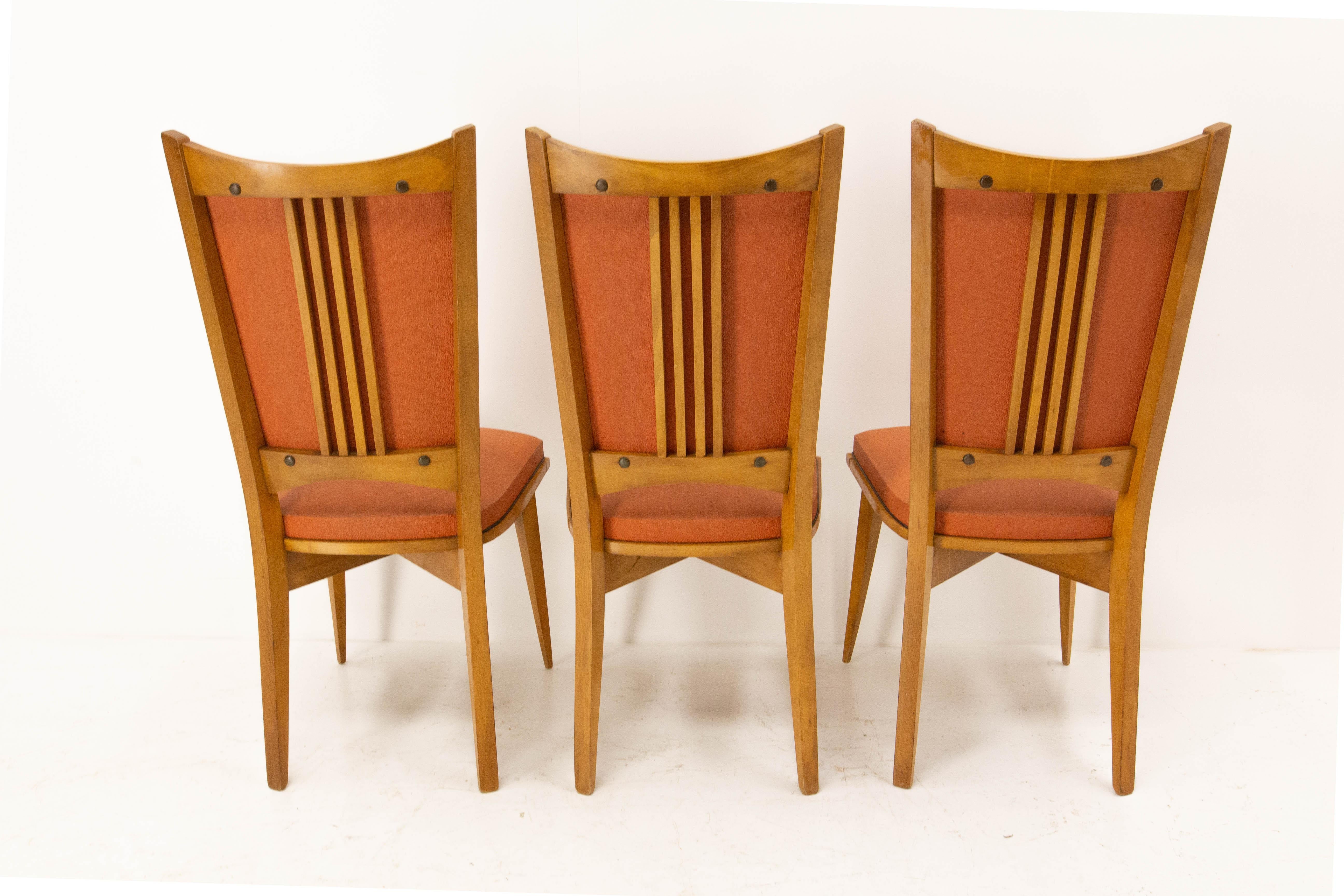 Six Dining Chairs Beech and Red Moleskine Midcentury French, circa 1950 For Sale 5