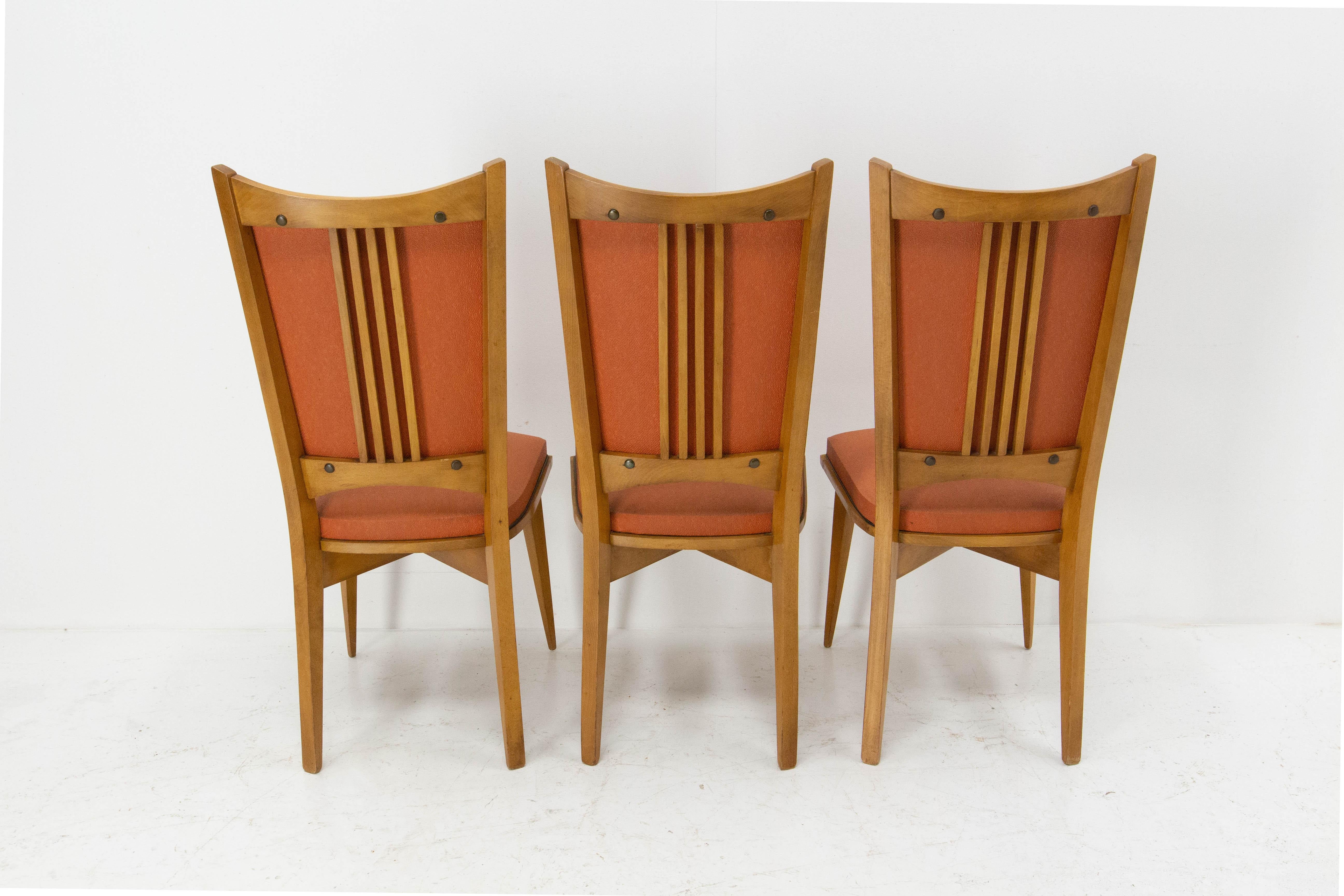 Six Dining Chairs Beech and Red Moleskine Midcentury French, circa 1950 For Sale 6