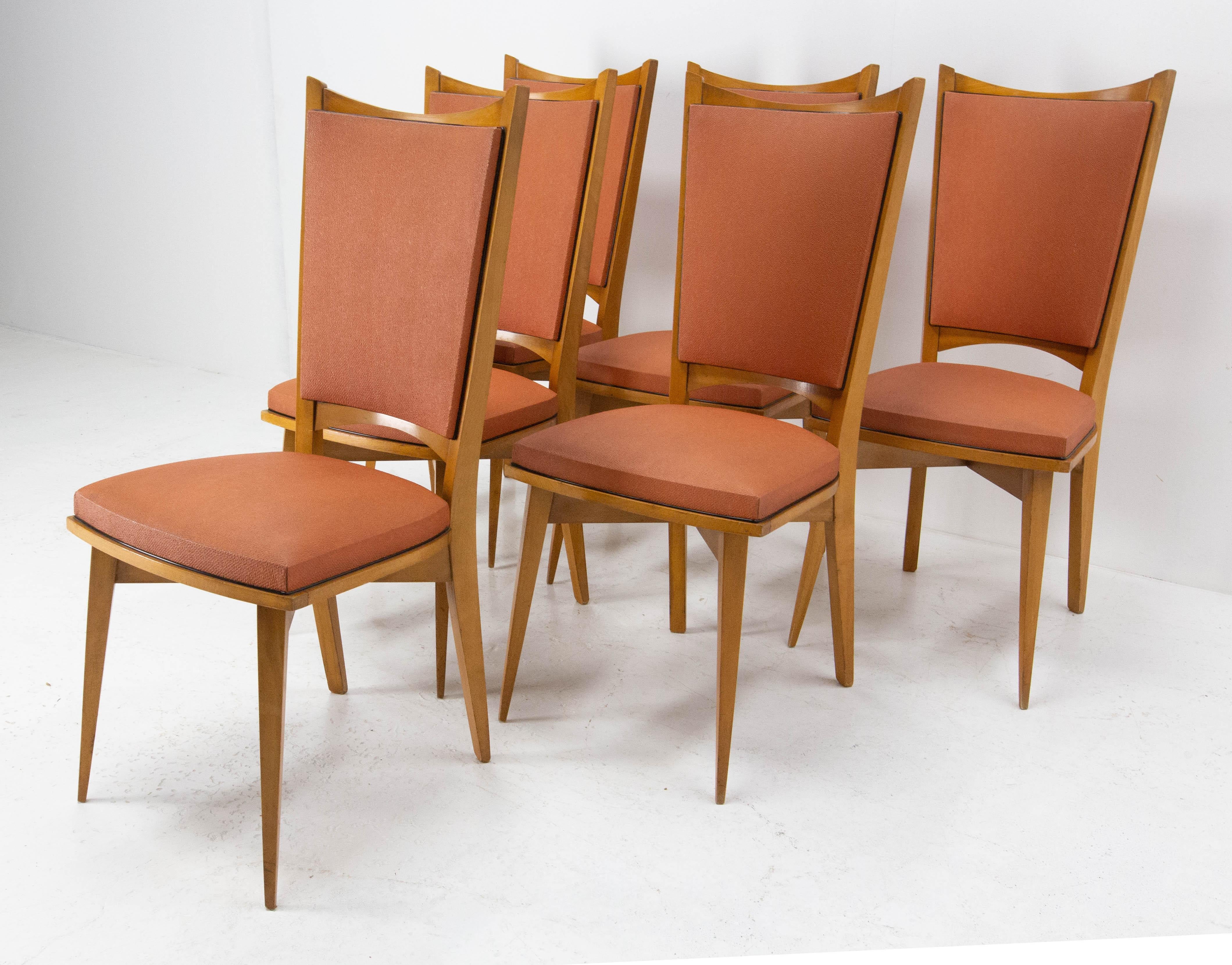 Mid-Century Modern Six Dining Chairs Beech and Red Moleskine Midcentury French, circa 1950 For Sale
