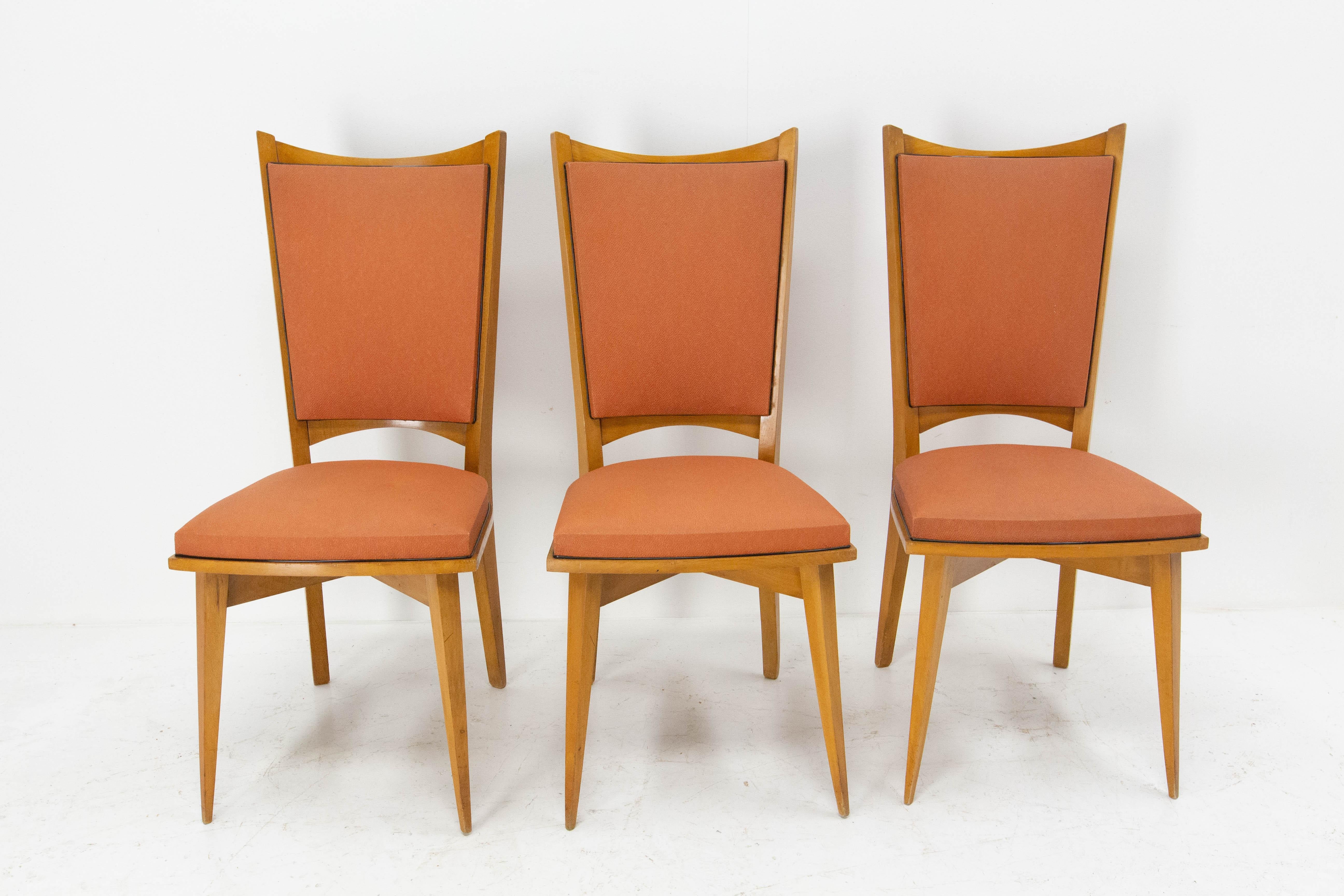 20th Century Six Dining Chairs Beech and Red Moleskine Midcentury French, circa 1950 For Sale