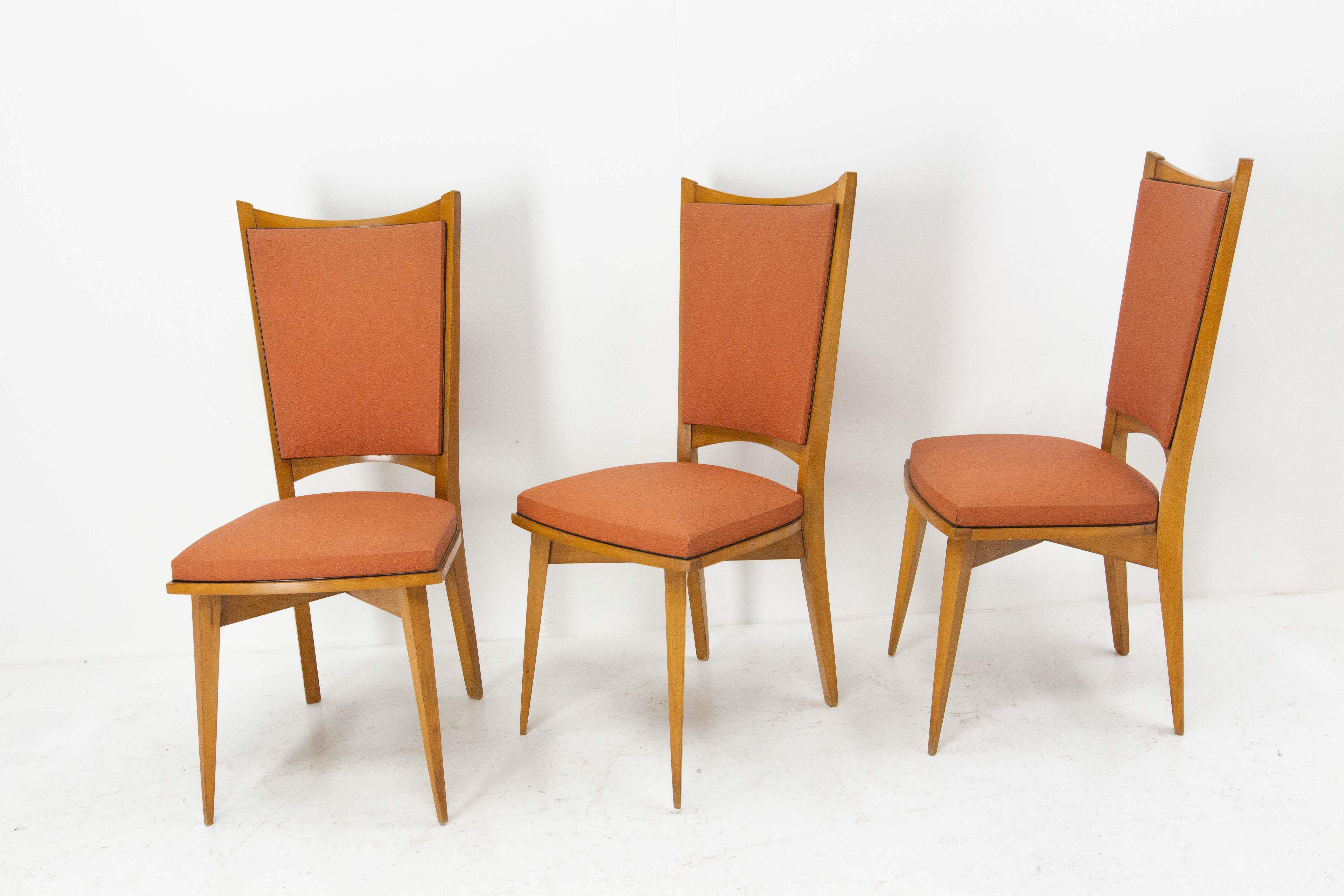 Six Dining Chairs Beech and Red Moleskine Midcentury French, circa 1950 For Sale 1