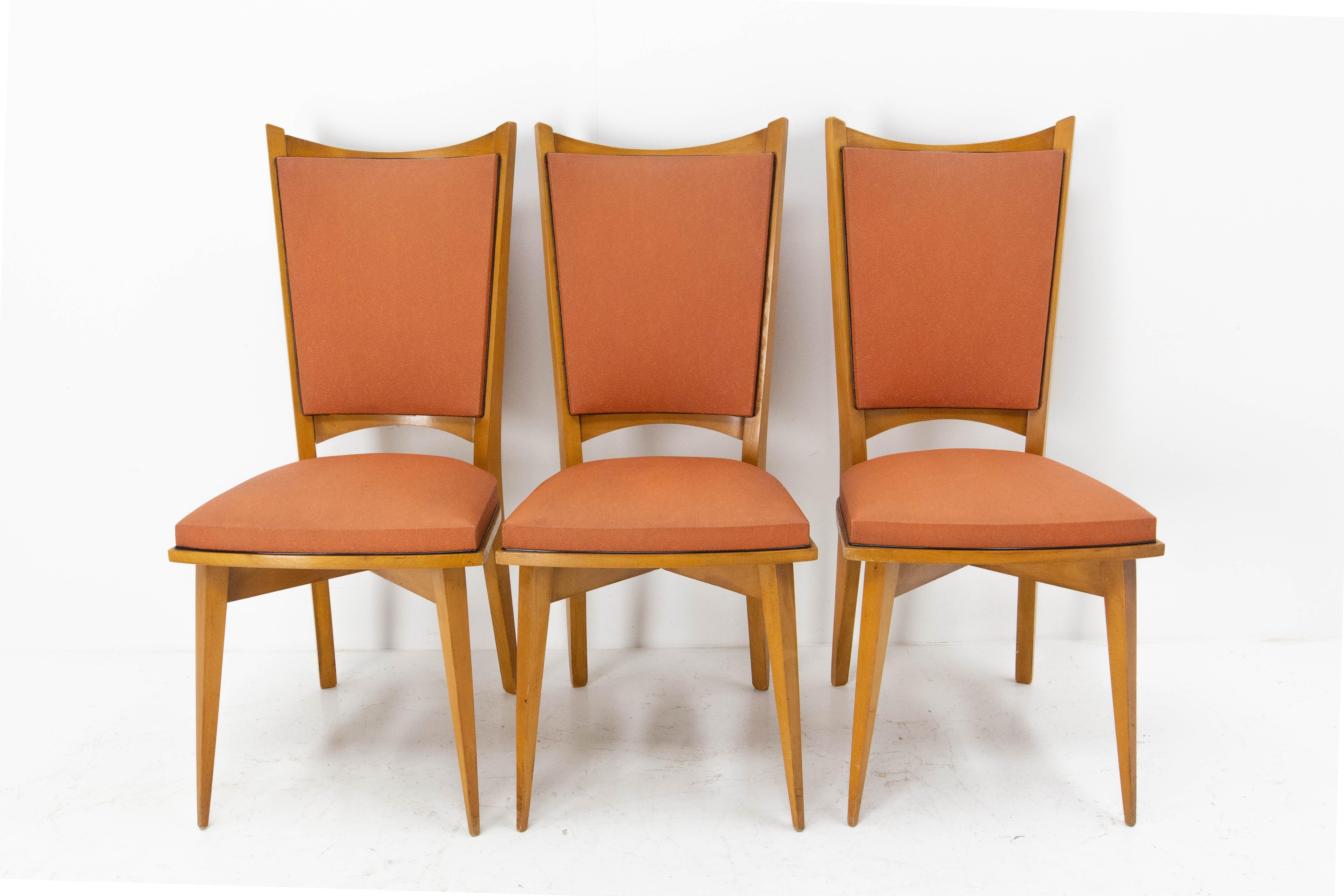 Six Dining Chairs Beech and Red Moleskine Midcentury French, circa 1950 For Sale 2