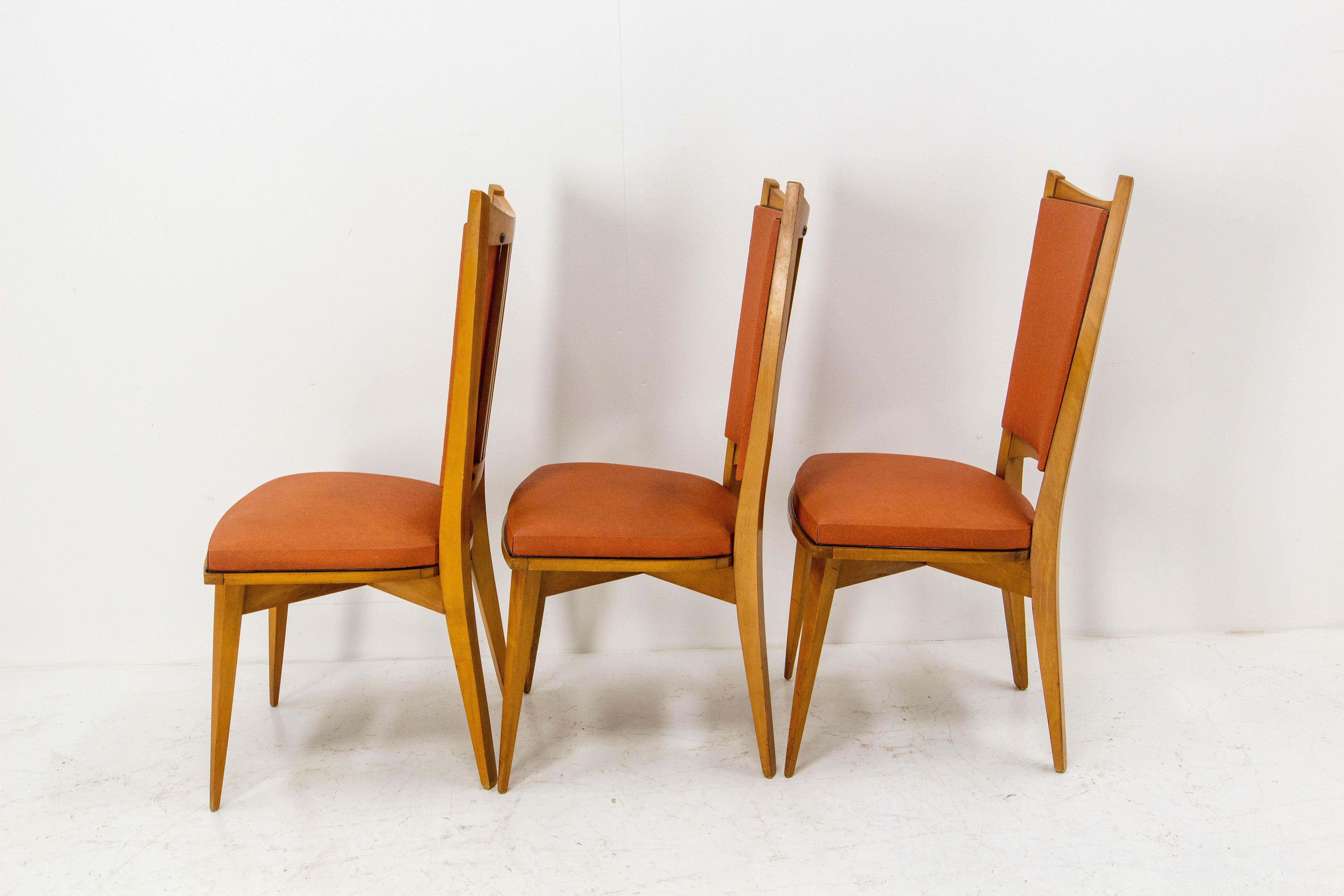 Six Dining Chairs Beech and Red Moleskine Midcentury French, circa 1950 For Sale 3