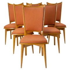 Six Dining Chairs Beech and Red Moleskine Midcentury French, circa 1950
