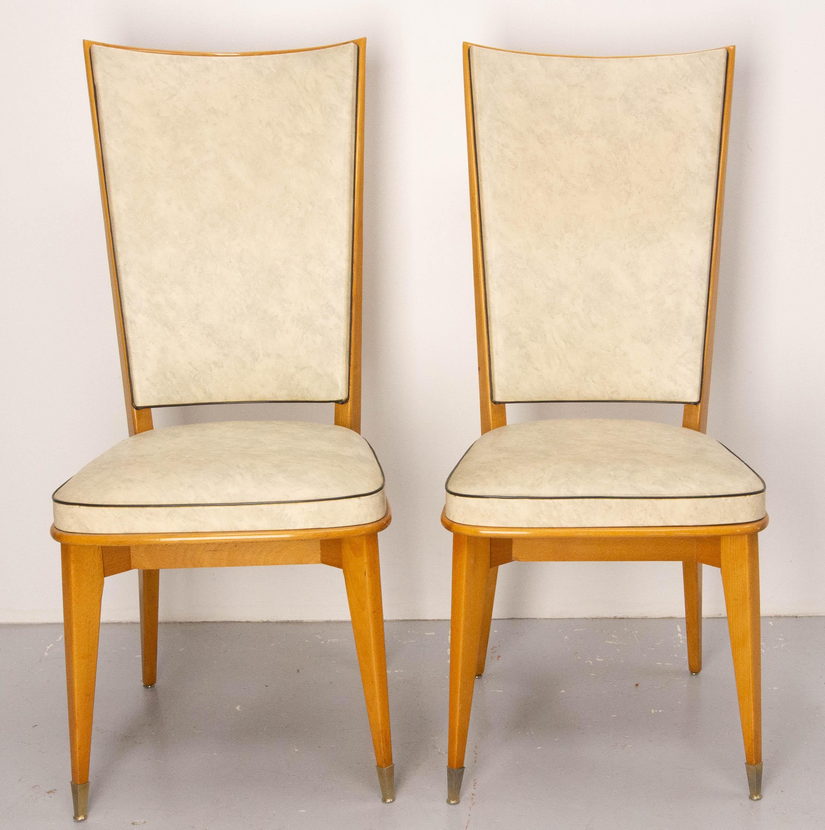Mid-Century Modern Six Dining Chairs Beech and Skai Midcentury French, circa 1960 For Sale