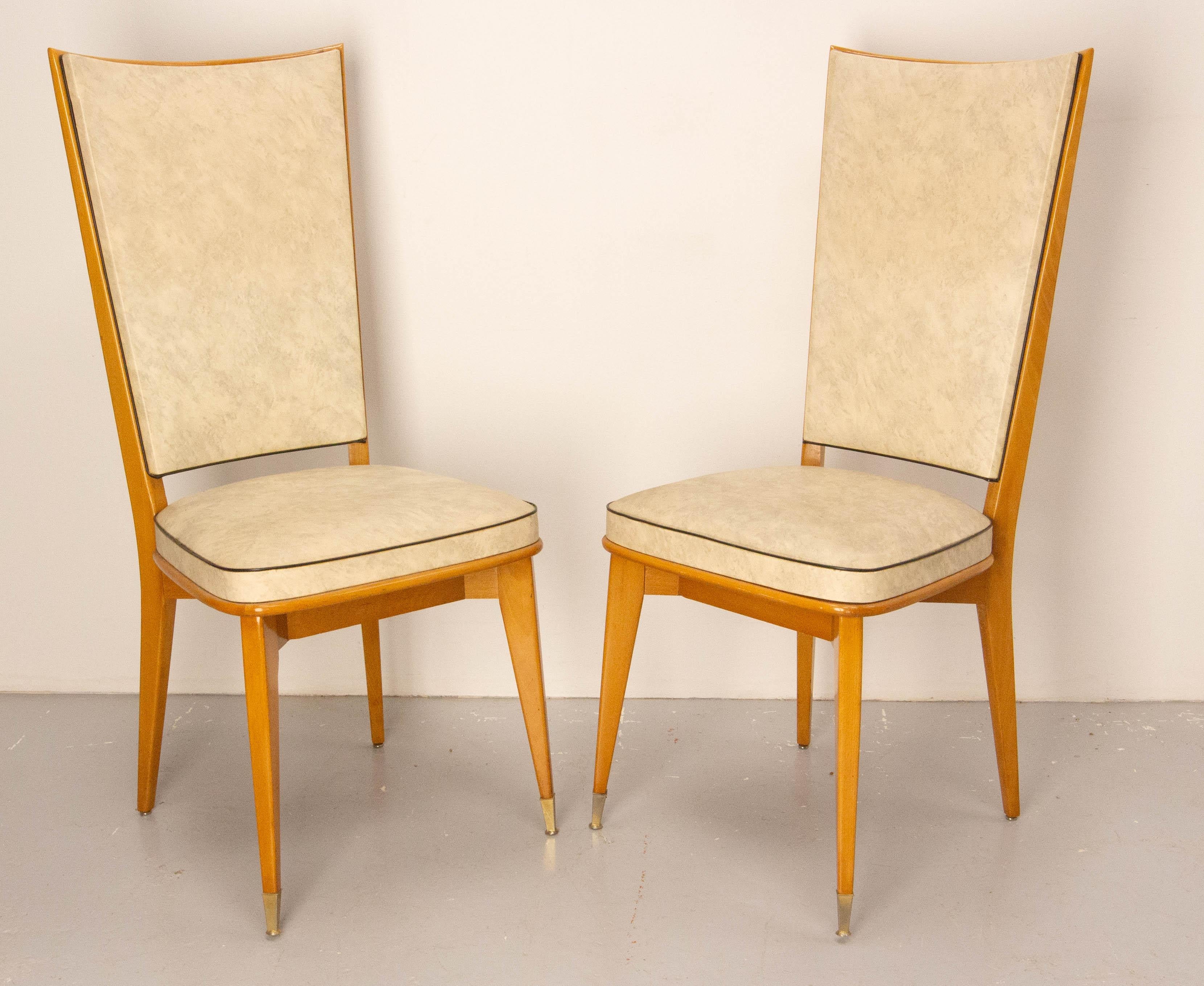 Six Dining Chairs Beech and Skai Midcentury French, circa 1960 In Good Condition For Sale In Labrit, Landes