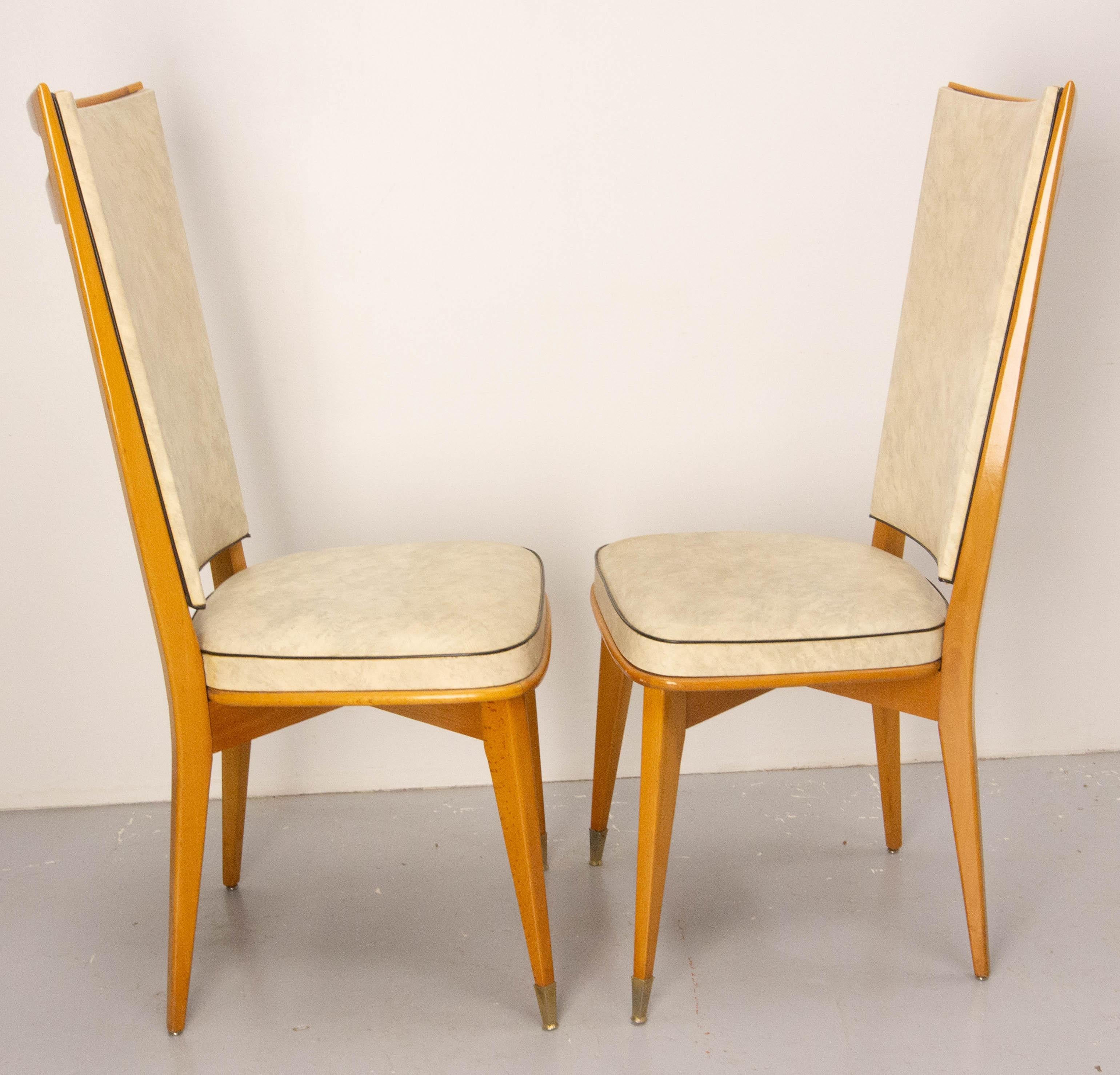 20th Century Six Dining Chairs Beech and Skai Midcentury French, circa 1960 For Sale