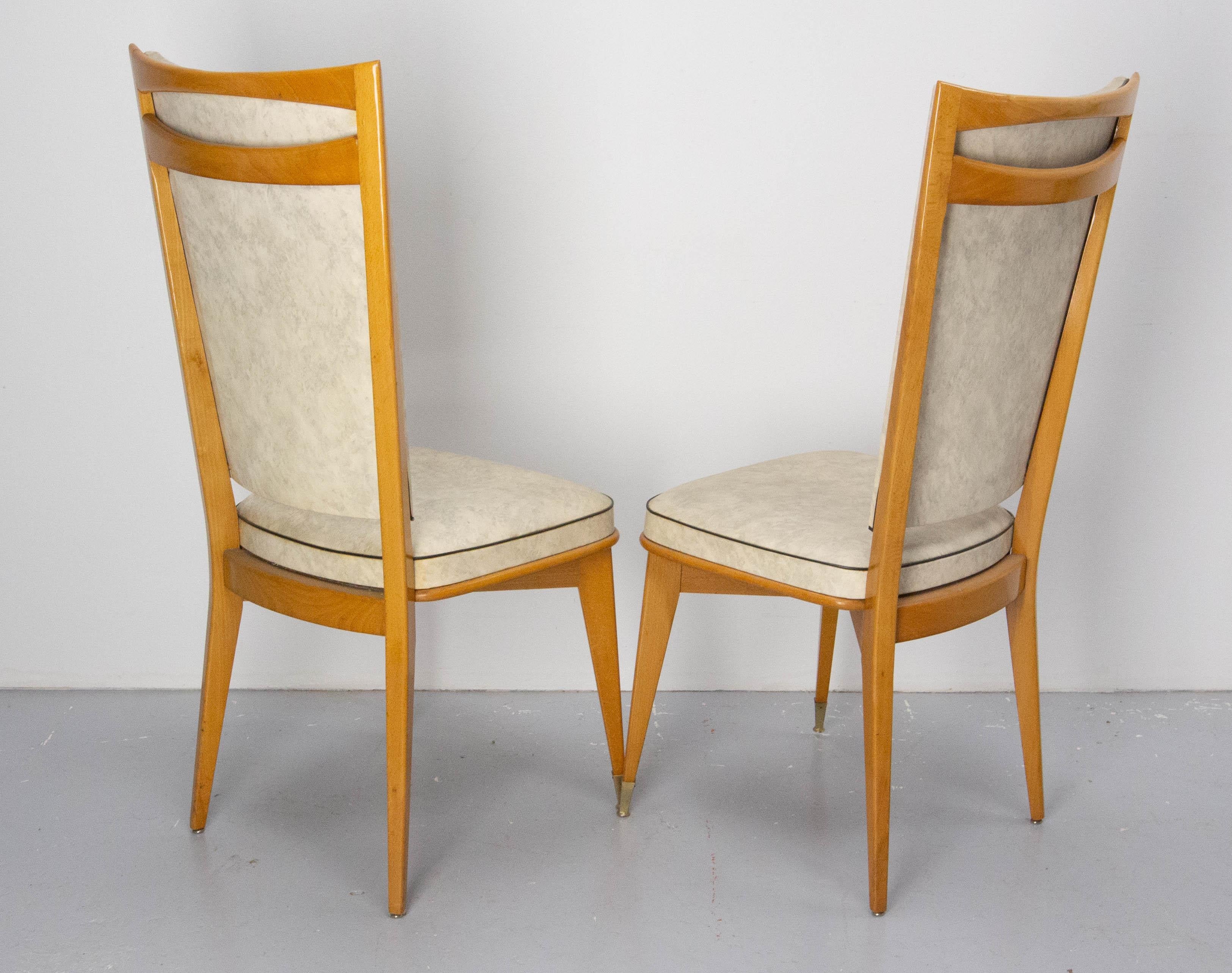 Six Dining Chairs Beech and Skai Midcentury French, circa 1960 For Sale 1