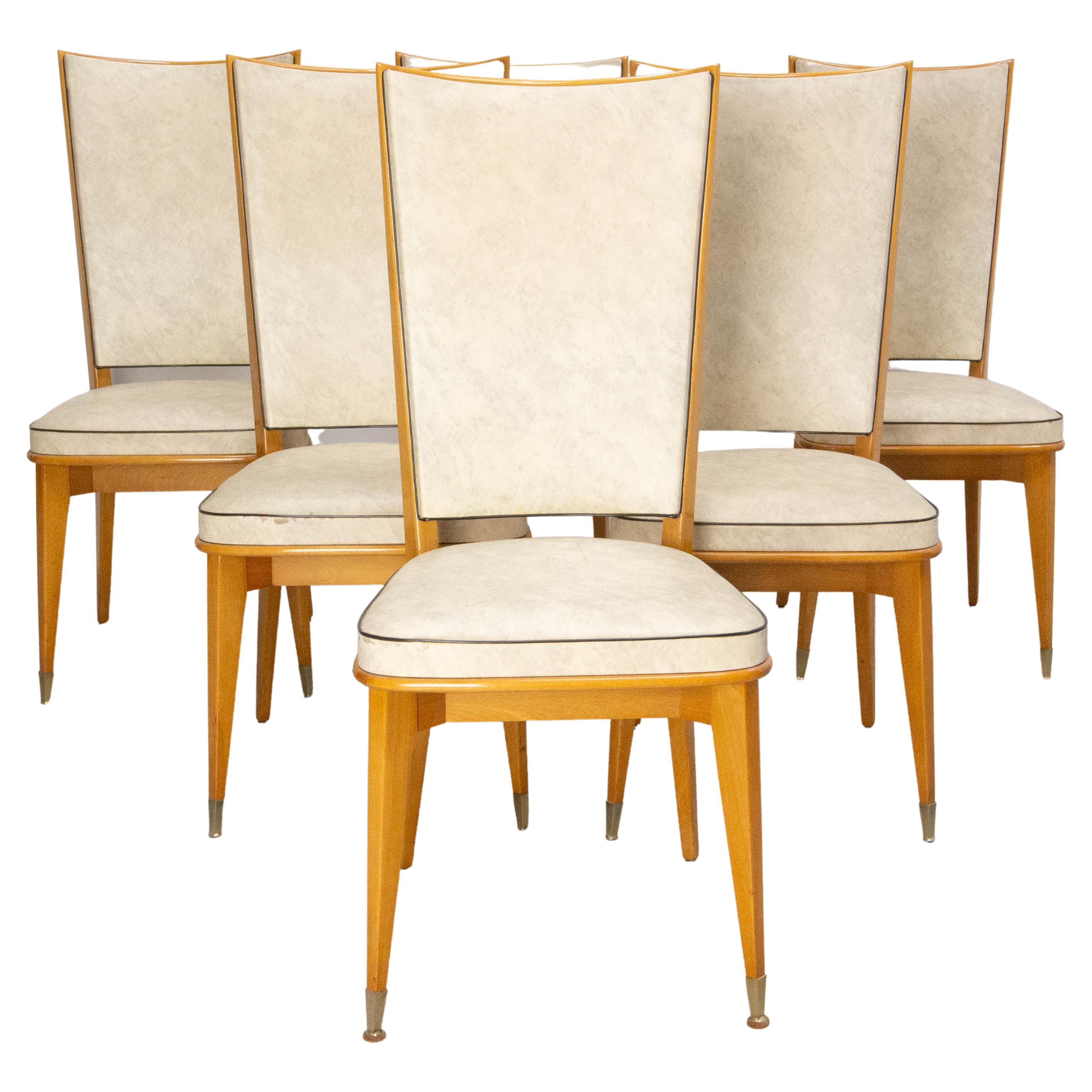 Six Dining Chairs Beech and Skai Midcentury French, circa 1960 For Sale