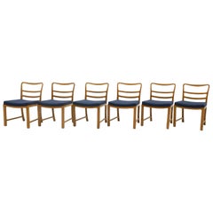 Six Dining Chairs by Edward Wormley, Large Scale, Bleached Mahogany, Blue Fabric