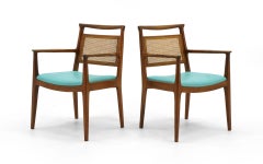 Six Dining Chairs by Edward Wormley, Walnut Frames, Cane Backs and Blue Seats