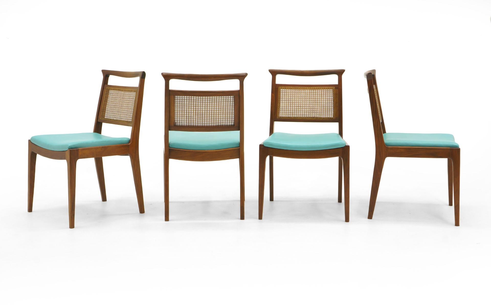 Mid-Century Modern Six Dining Chairs by Edward Wormley, Walnut Frames, Cane Backs and Blue Seats