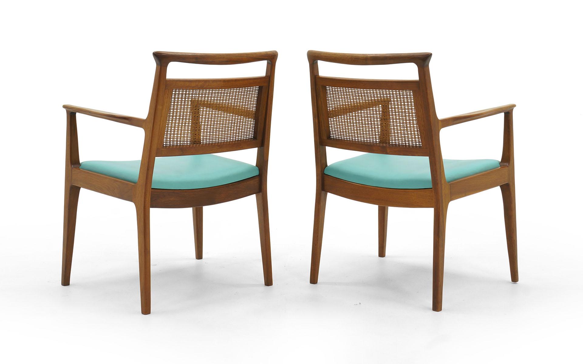 Six Dining Chairs by Edward Wormley, Walnut Frames, Cane Backs and Blue Seats In Good Condition In Kansas City, MO
