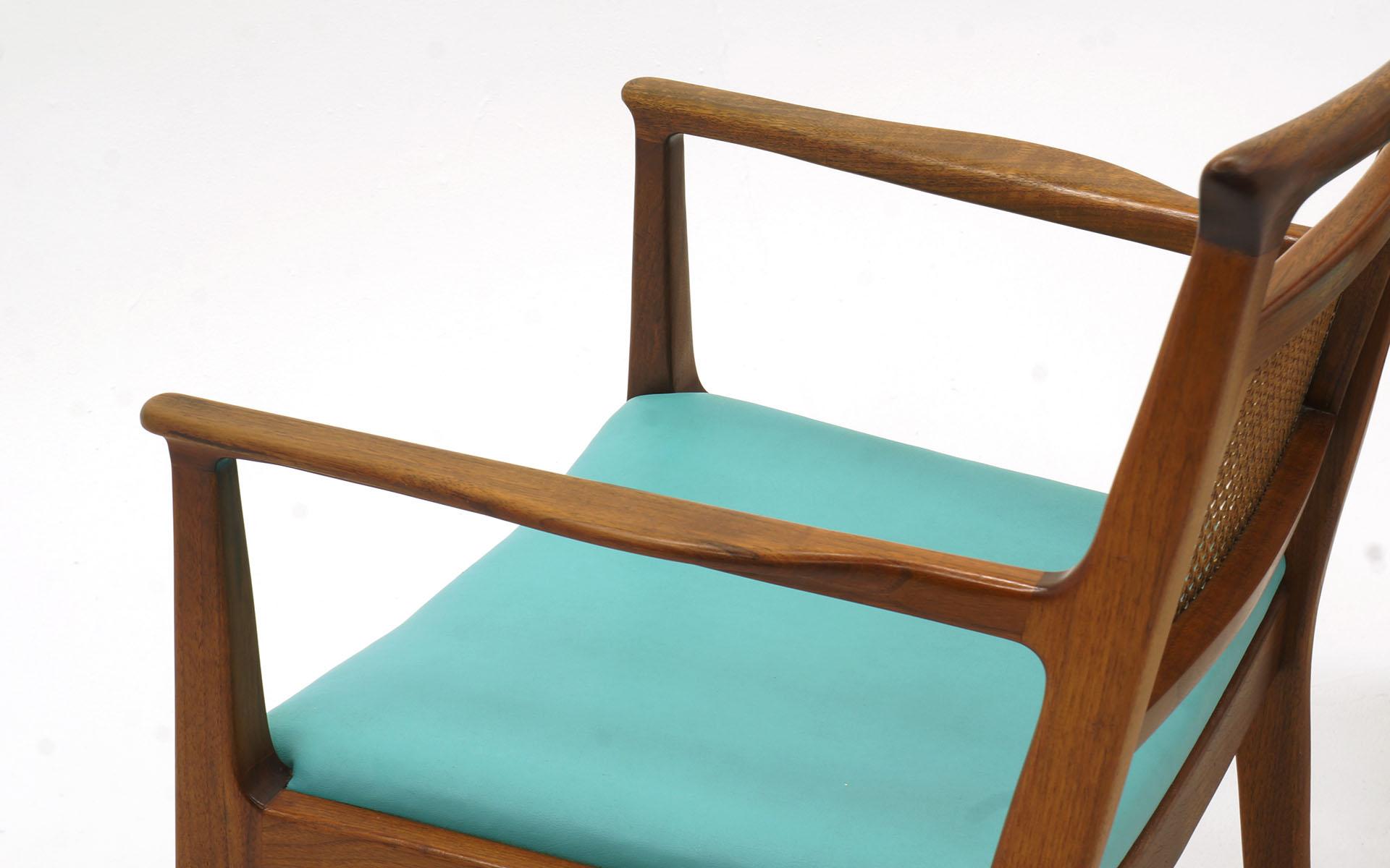 Mid-20th Century Six Dining Chairs by Edward Wormley, Walnut Frames, Cane Backs and Blue Seats