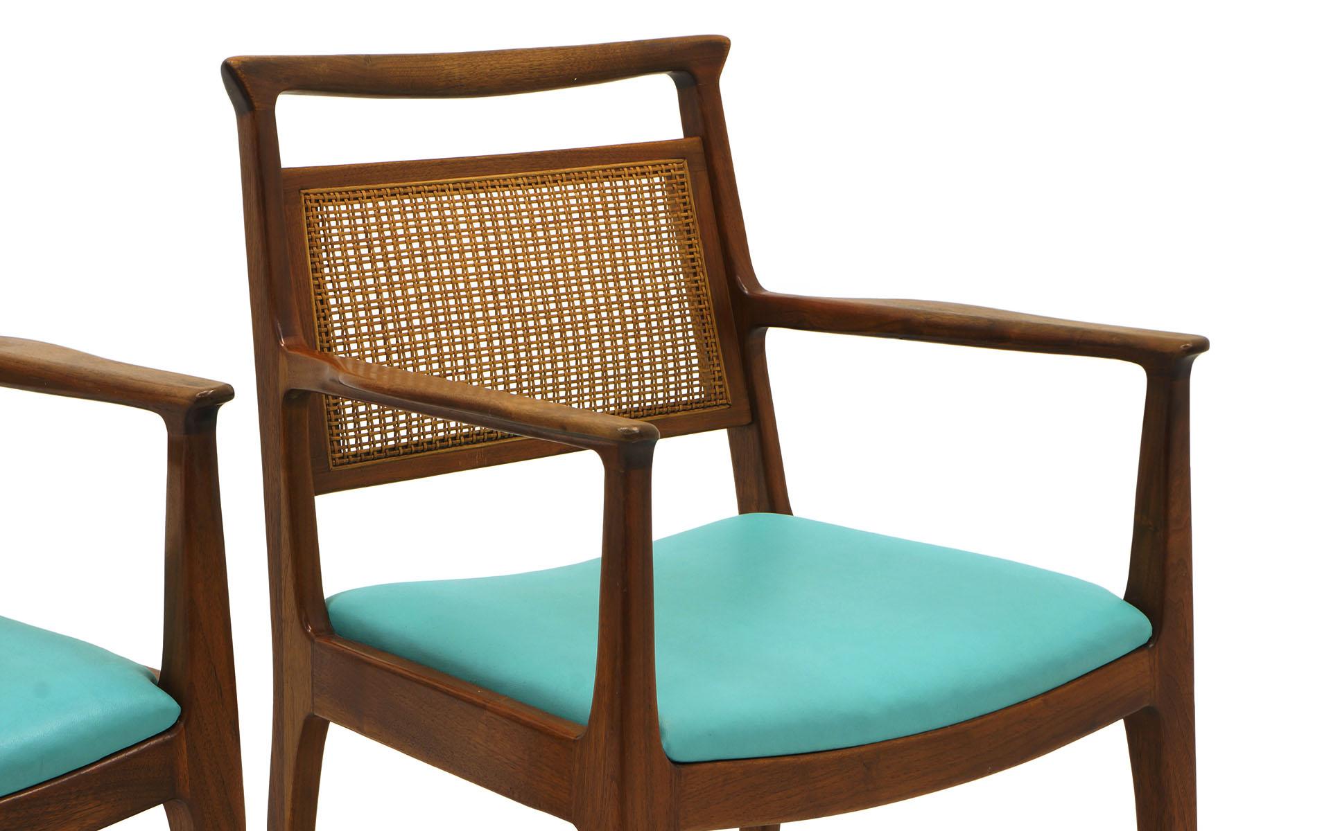 Upholstery Six Dining Chairs by Edward Wormley, Walnut Frames, Cane Backs and Blue Seats
