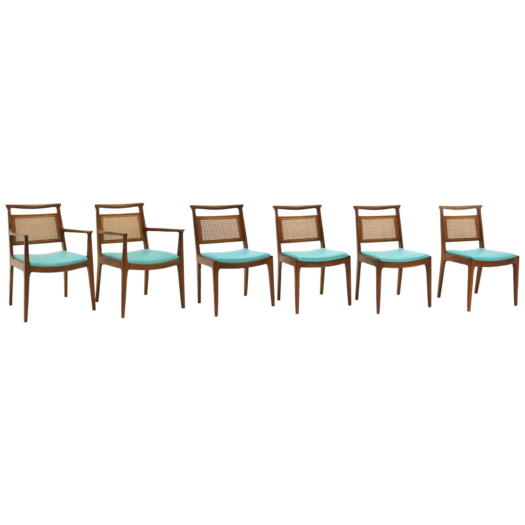 Six Dining Chairs by Edward Wormley, Walnut Frames, Cane Backs and Blue Seats
