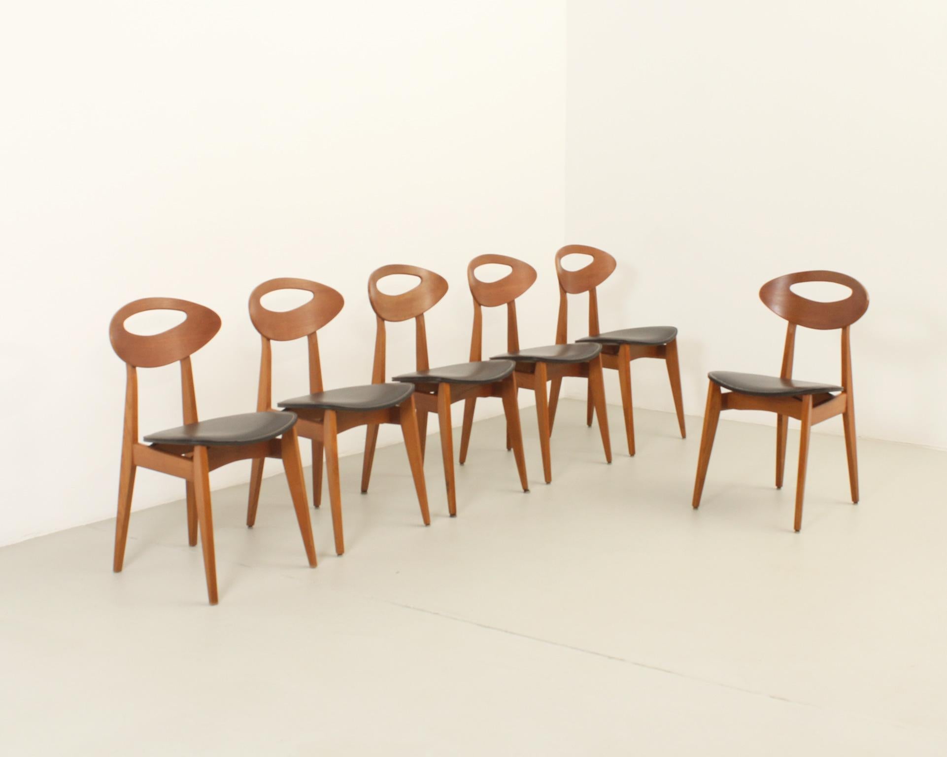 Milieu du XXe siècle Six chaises de salle à manger de Roger Landault pour Maison Sentou, France, années 1950