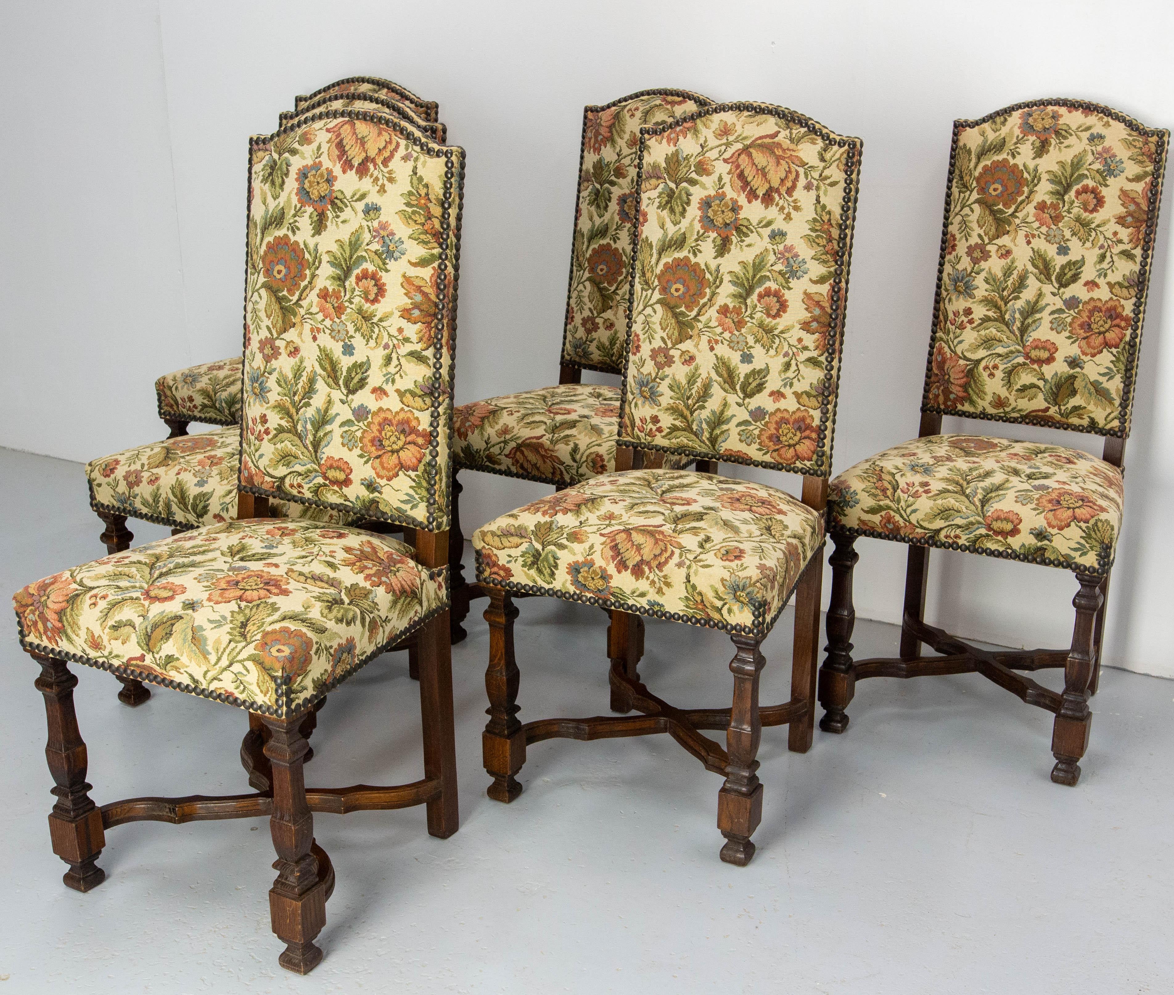 Mid-Century Modern Six Dining Chairs Chestnut and Upholstery, Midcentury French For Sale