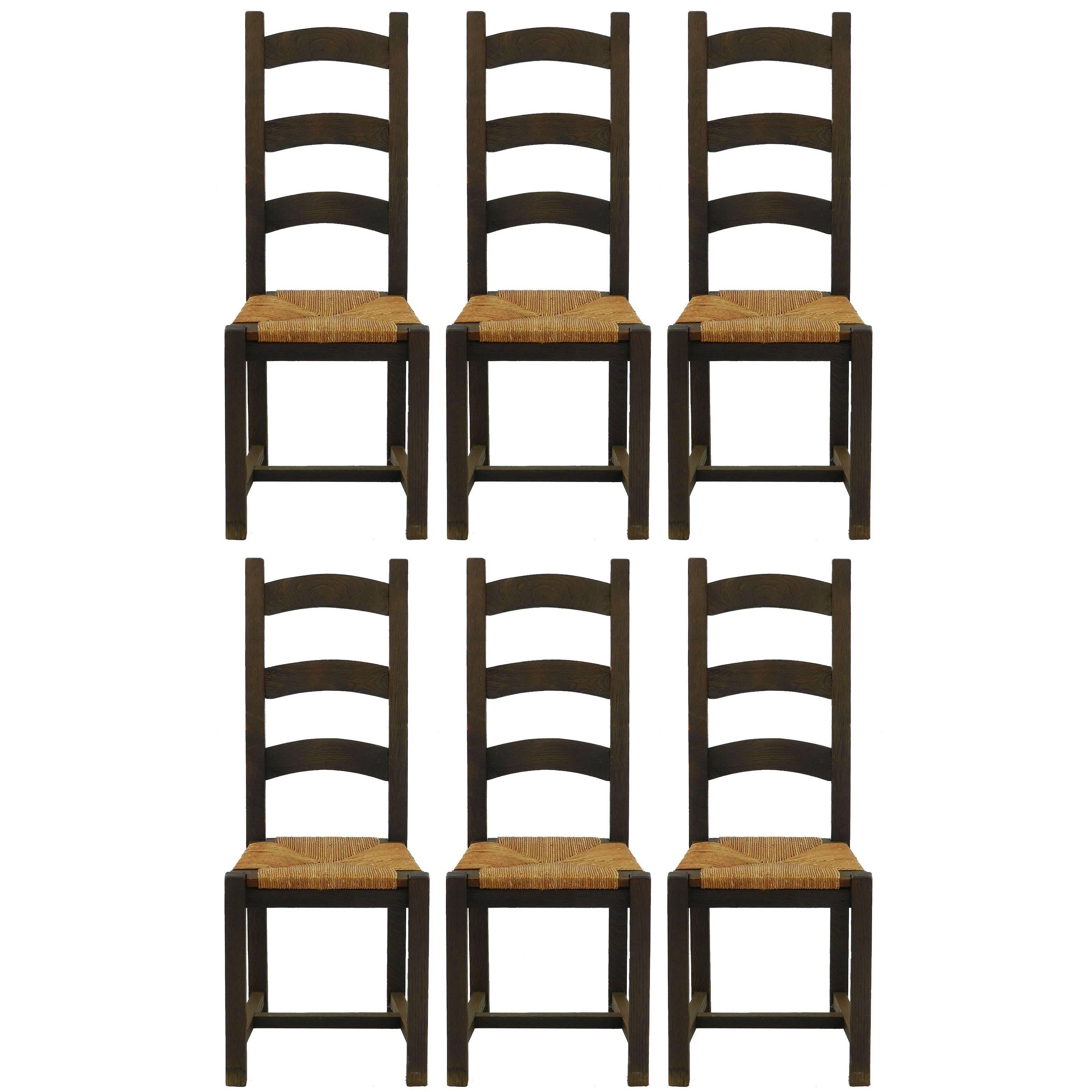 Six Dining Chairs French 20th Century Ladder Back Rush Shaker Style  For Sale