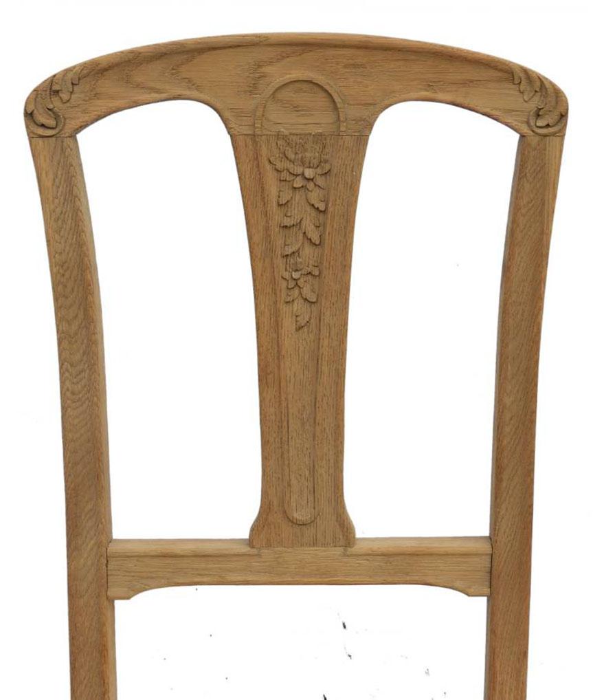 Six French dining chairs Art Nouveau Arts & Crafts, circa 1900
Brut carved oak
In very good condition - ready to use with seats covered in unused antique French Metis linen or can be recovered in a fabric of your choice - please ask for more