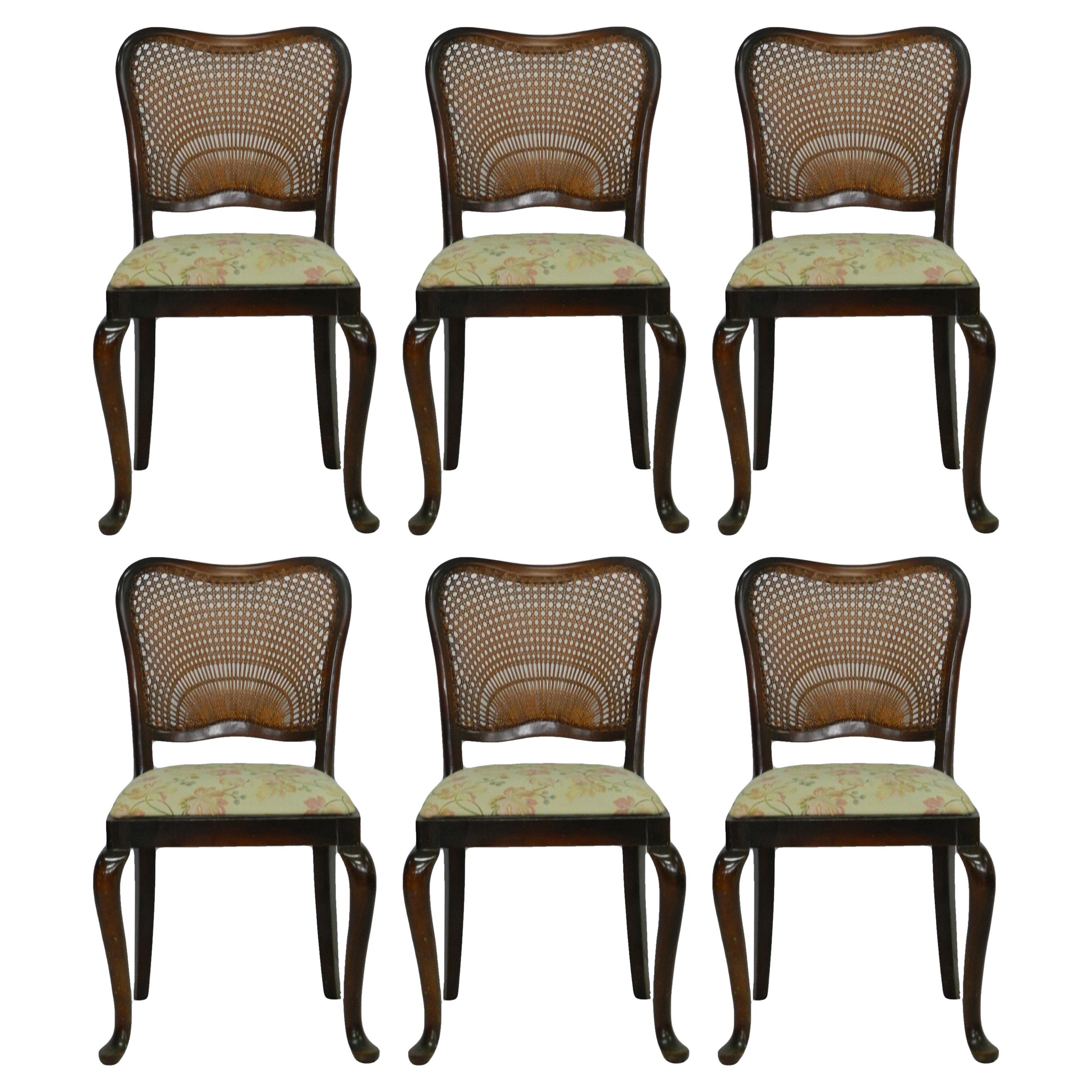 Six Dining Chairs French Cane Back Upholstered, 20th Century