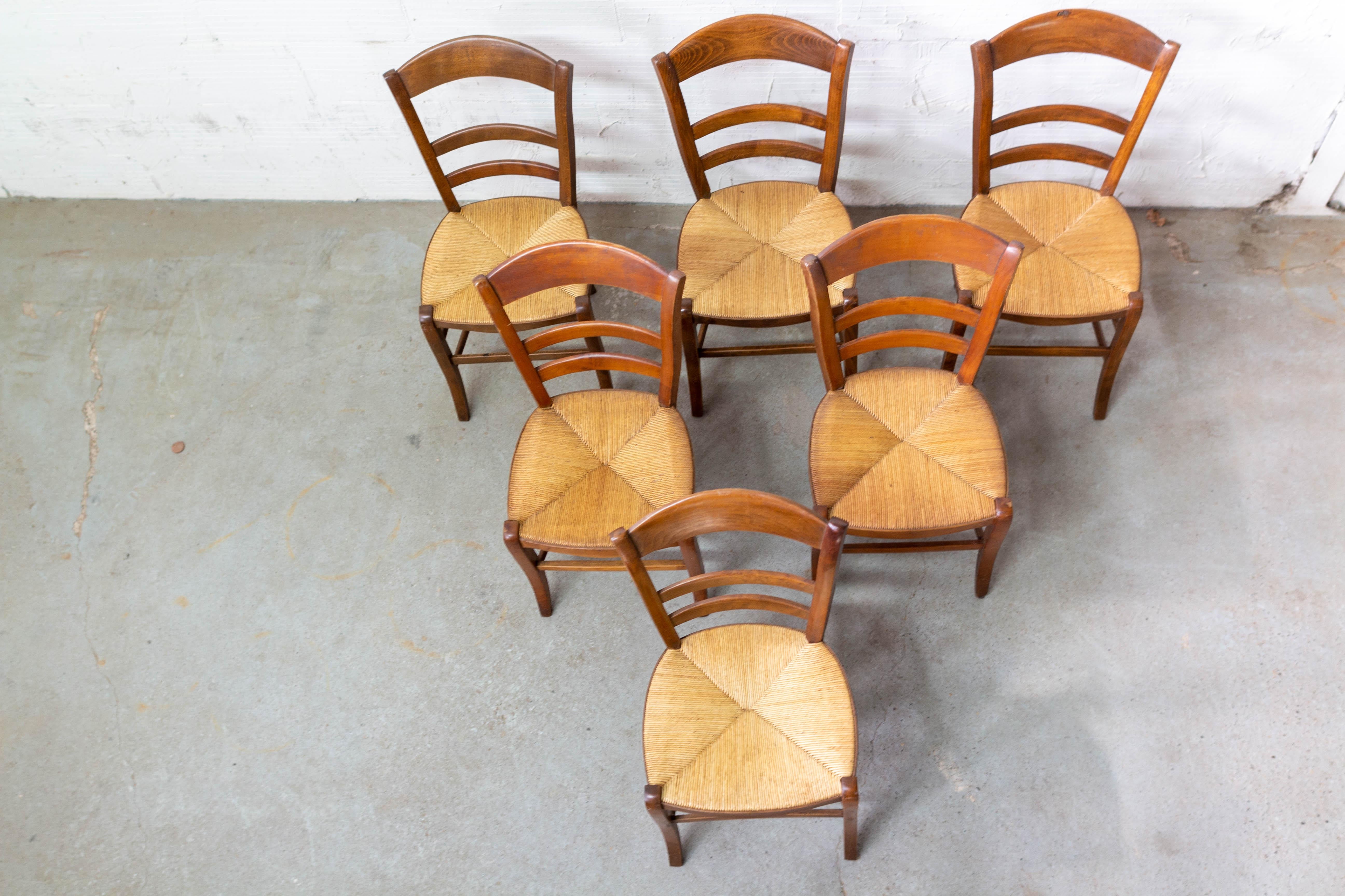 Six Dining Chairs French Country Ladder Back Rush Seats, Early 20th Century 1