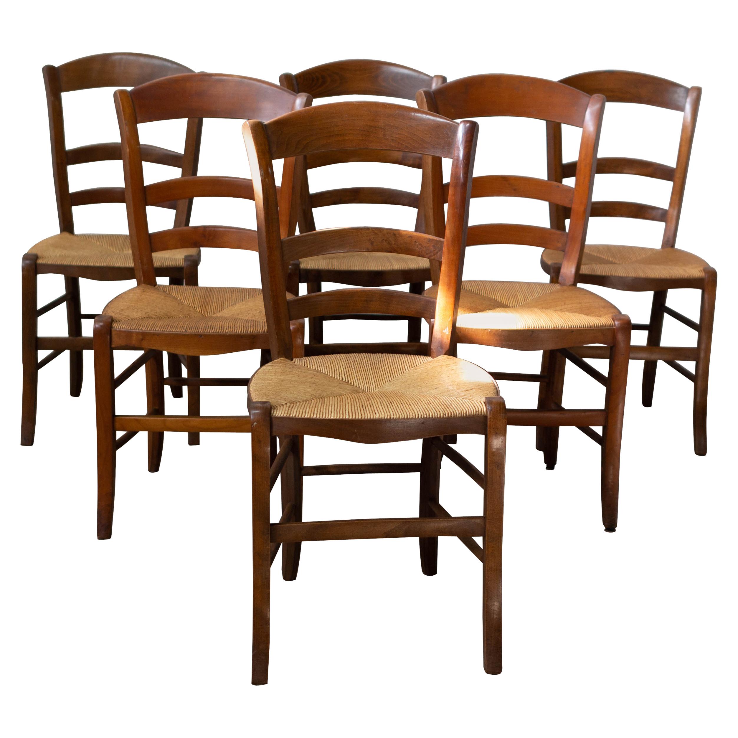 Six Dining Chairs French Country Ladder Back Rush Seats, Early 20th Century