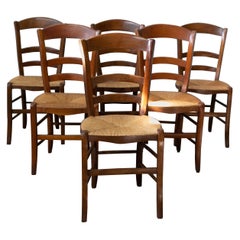 Six Dining Chairs French Country Ladder Back Rush Seats, Early 20th Century